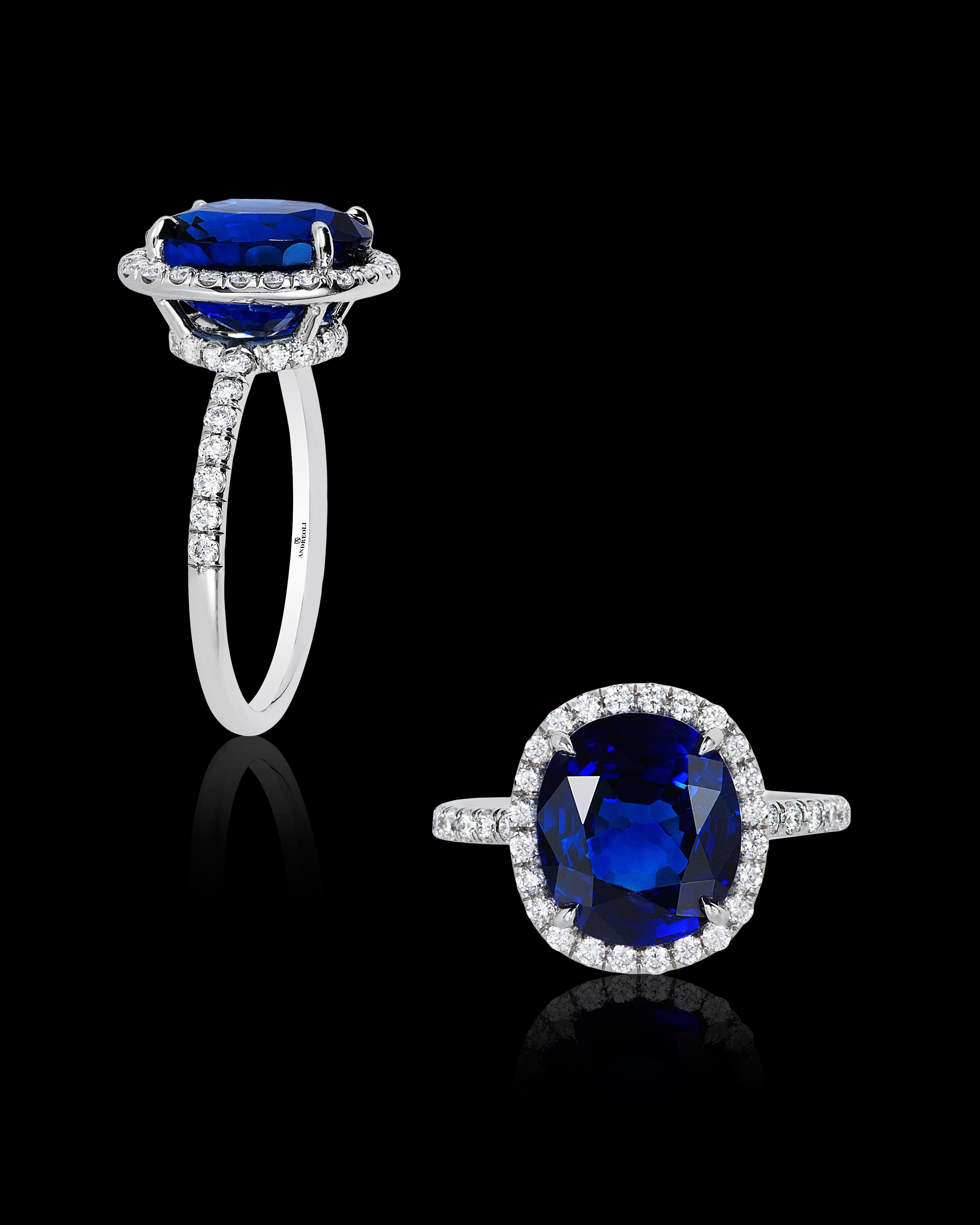 Women's Andreoli CDC Certified 6.31 Carat Ceylon Blue Sapphire Diamond Platinum Ring For Sale