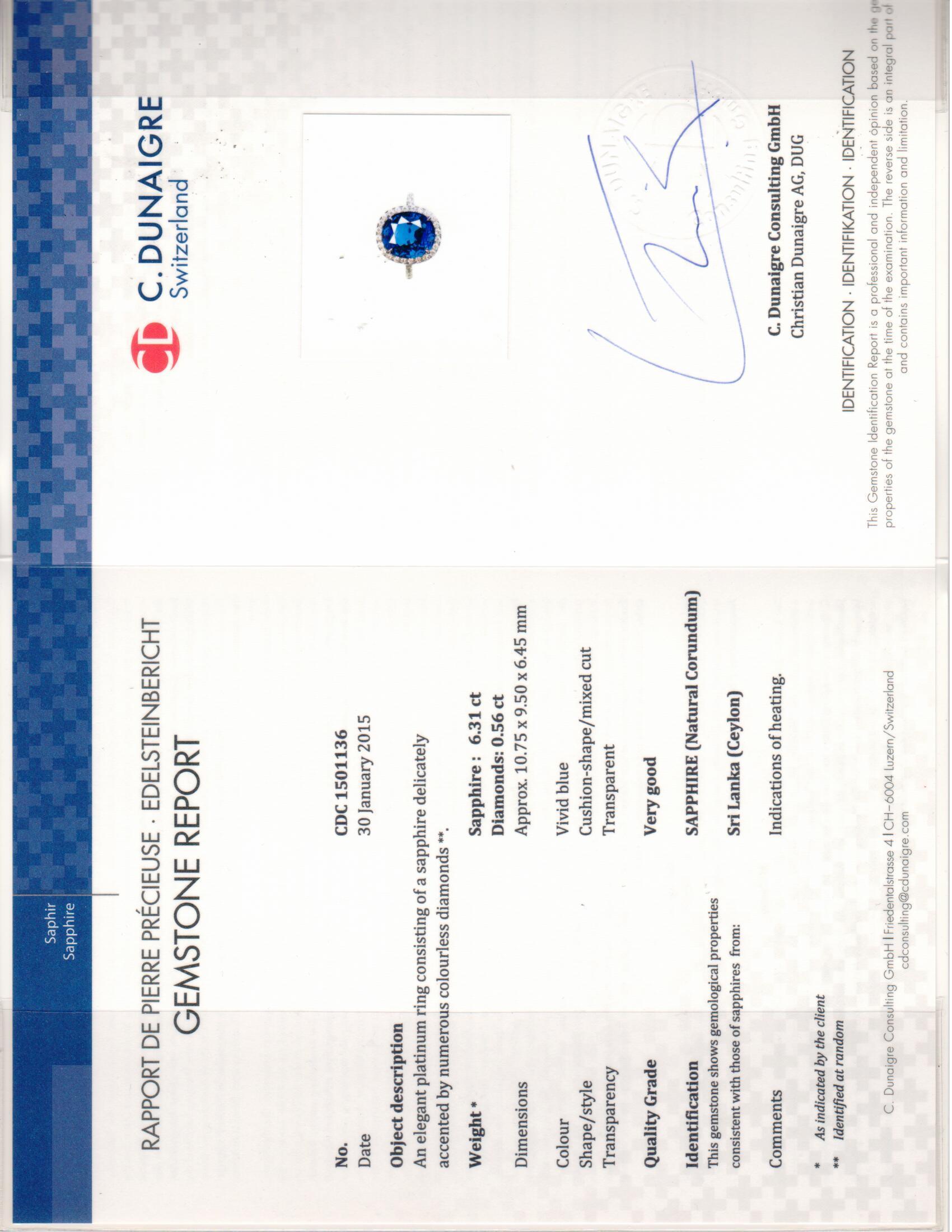 Andreoli Bague en platine avec saphir bleu de Ceylan certifié CDC de 6,31 carats et diamants en vente 3