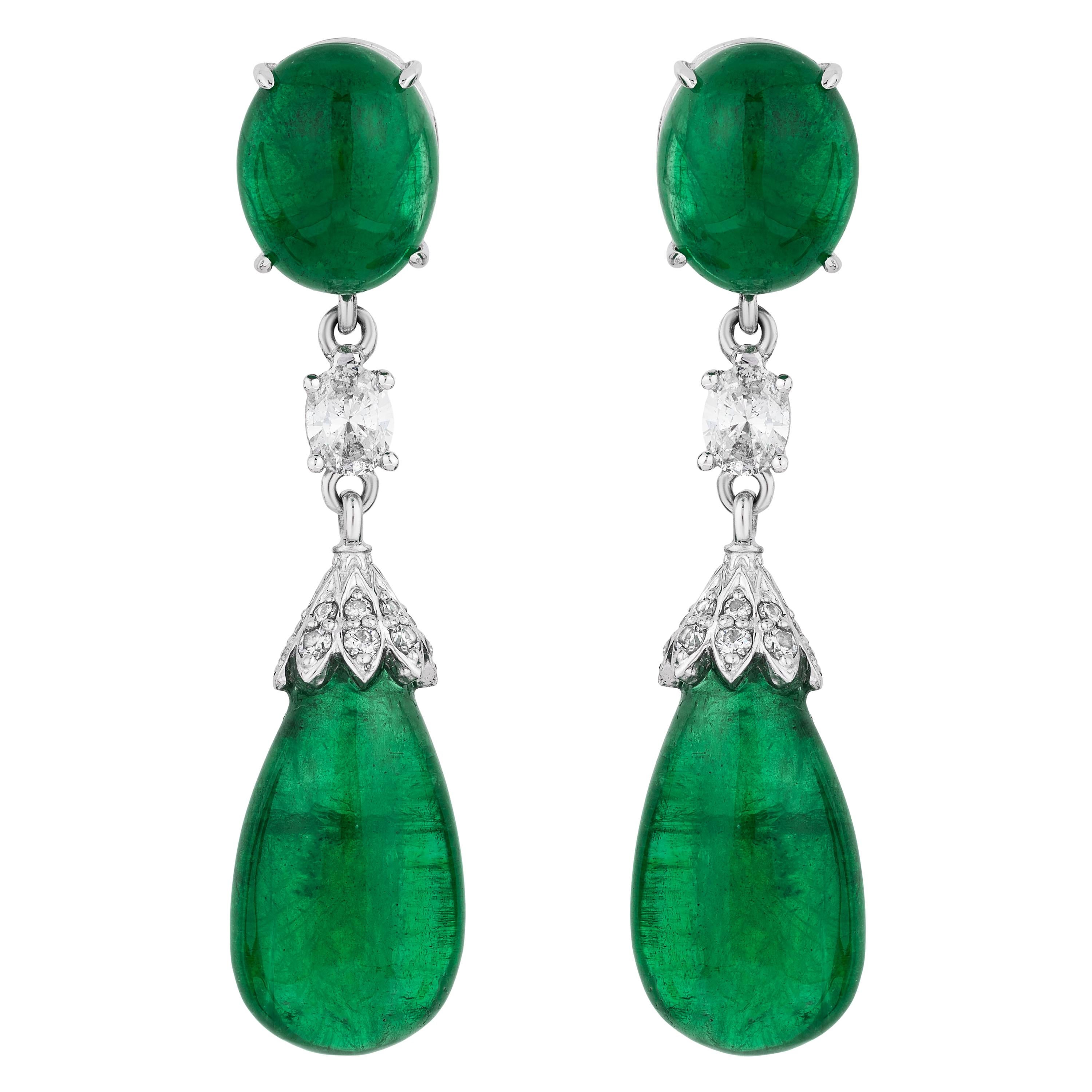 Andreoli CDC Certified Emerald Cabochon Diamond Drop Earrings 18 Karat Gold
