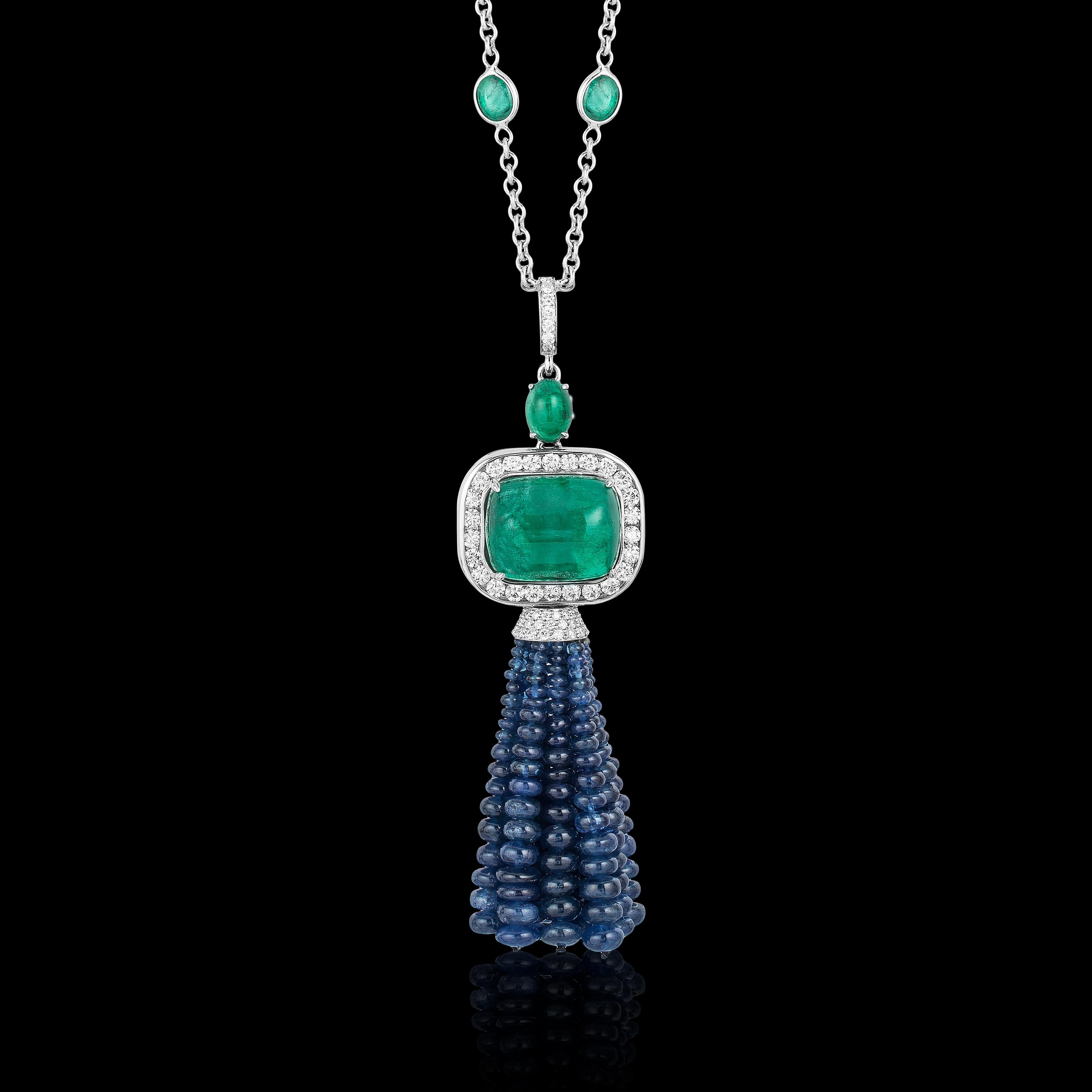 Andreoli CDC Certified Emerald Sapphire Cabochon Bead Chain Tassel Necklace 18 Karat White Gold. This necklace features a 23.46 carat Emerald cabochon center stone CDC Certified Zambian Origin Insignificant Oil. On the chain there are 15.52 caras of