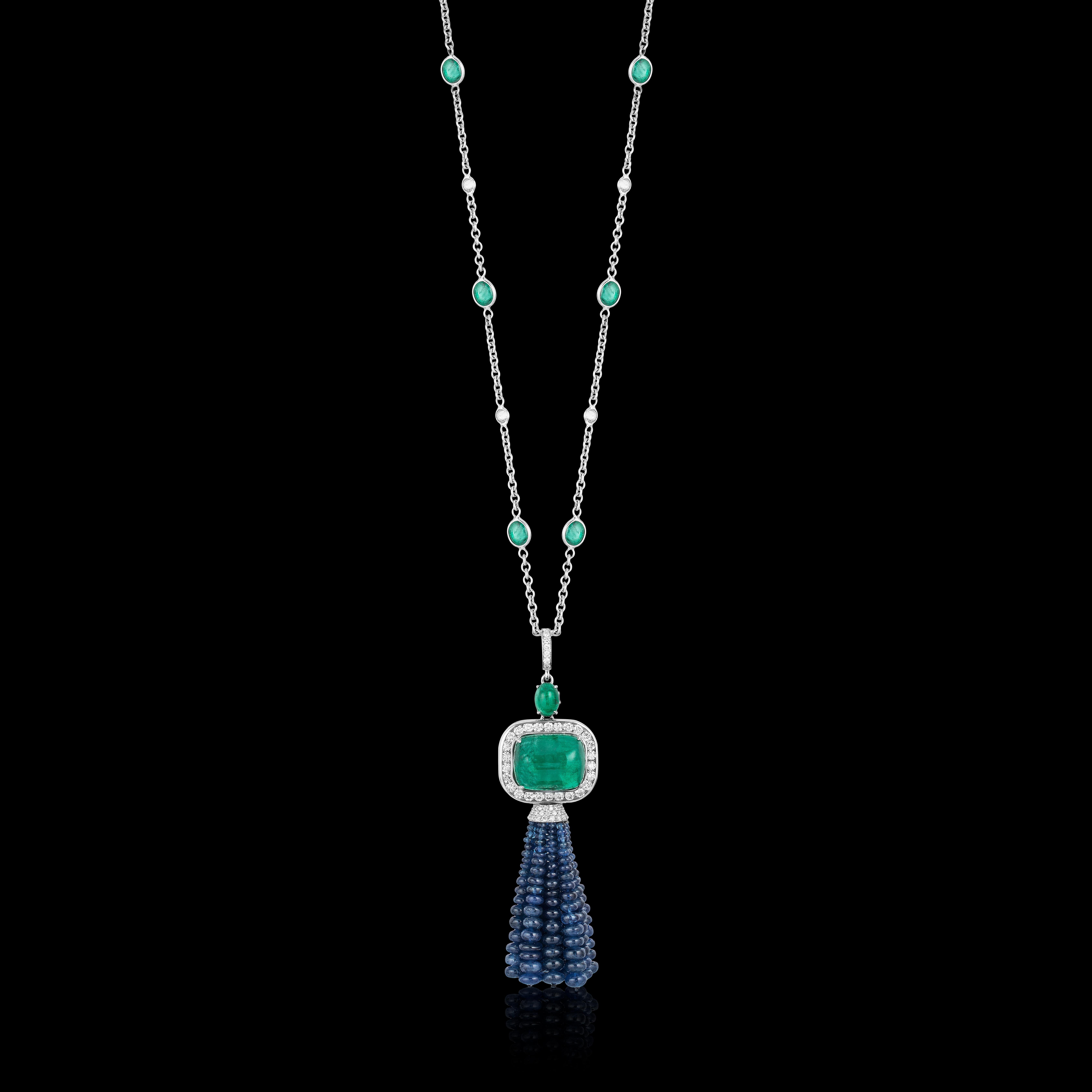 Andreoli CDC Certified Emerald Sapphire Cabochon Bead Chain Tassel Necklace 18K In New Condition In New York, NY