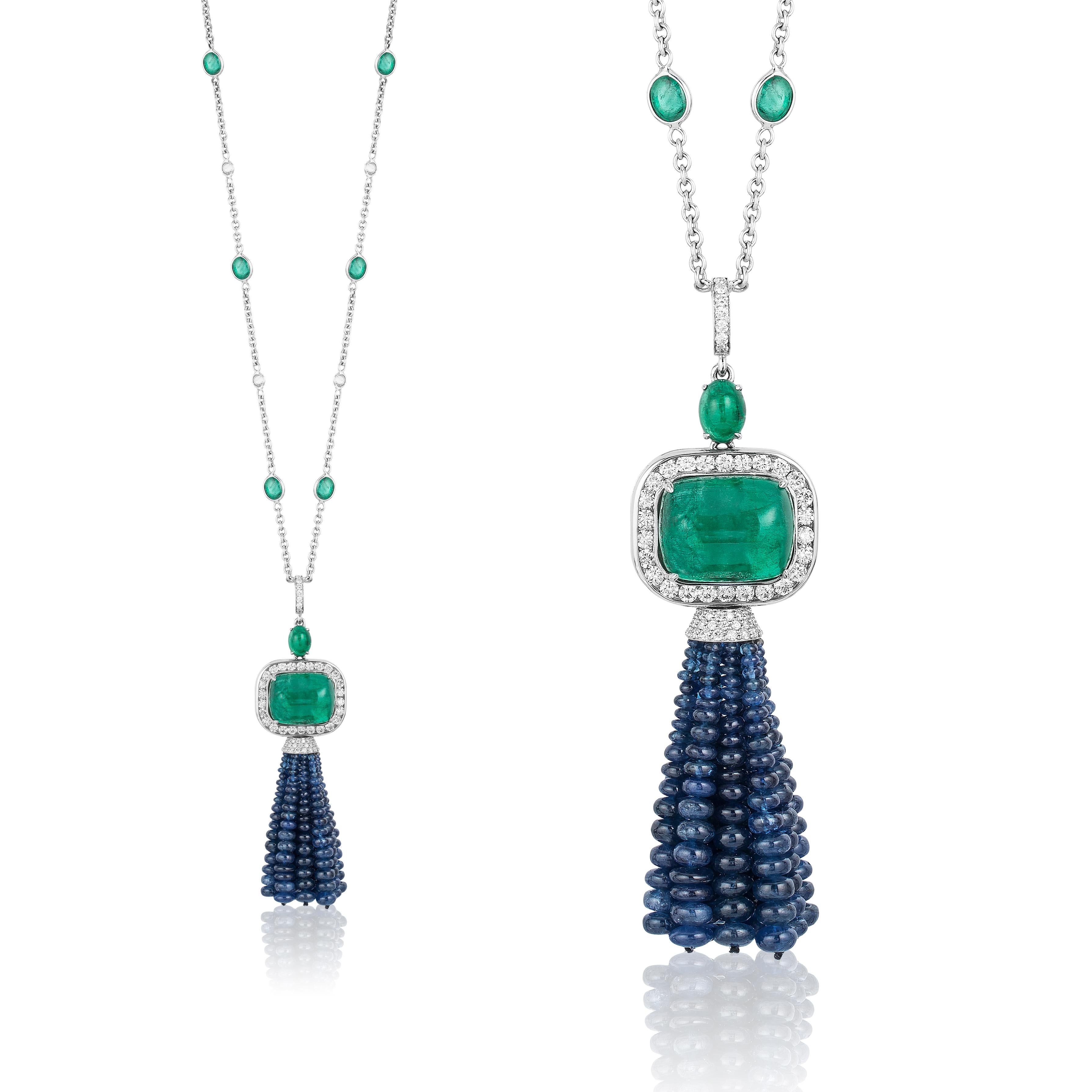 Women's Andreoli CDC Certified Emerald Sapphire Cabochon Bead Chain Tassel Necklace 18K