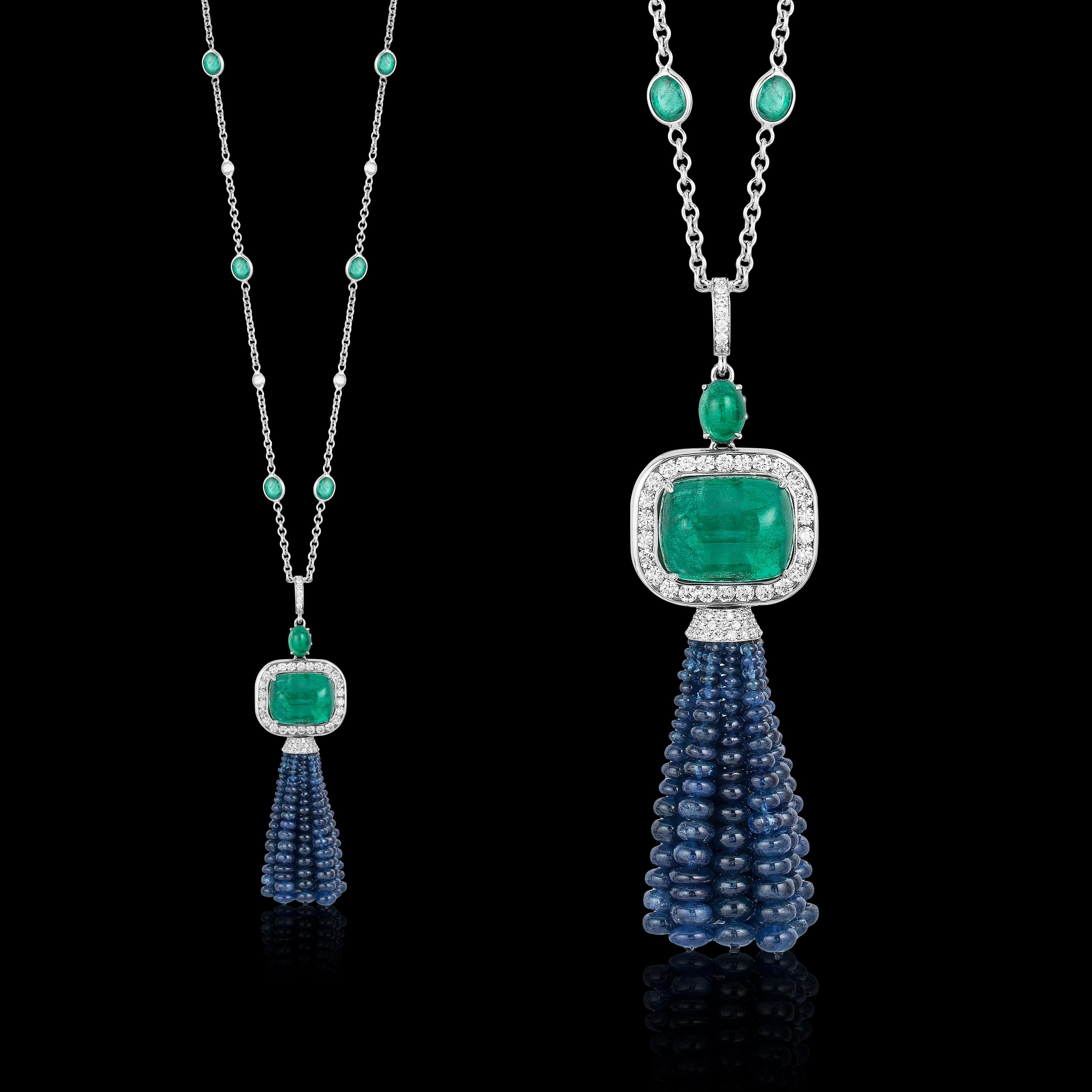 Andreoli CDC Certified Emerald Sapphire Cabochon Bead Chain Tassel Necklace 18K 1