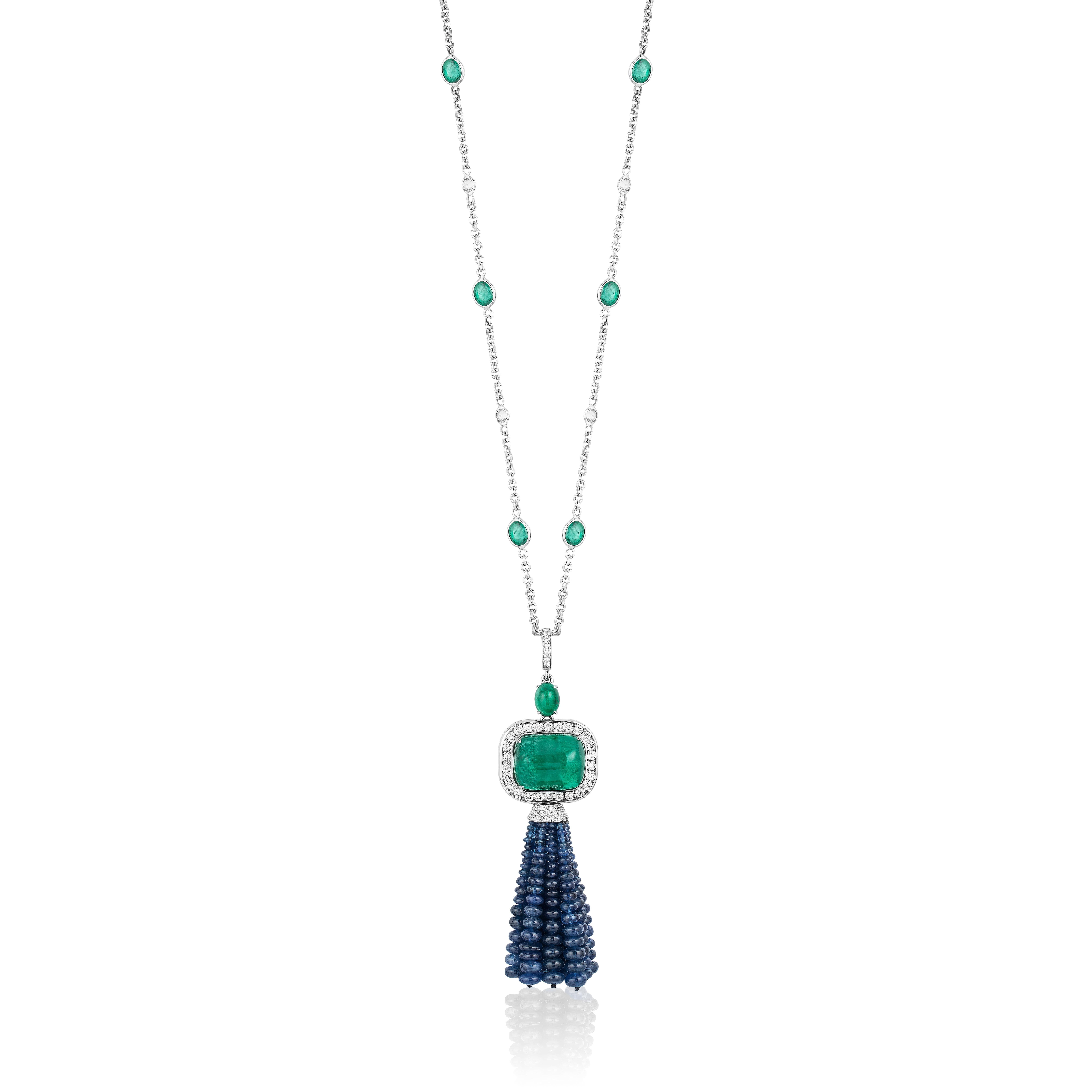 Contemporary Andreoli CDC Certified Emerald Sapphire Cabochon Bead Chain Tassel Necklace 18K