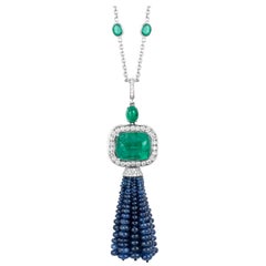 Andreoli CDC Certified Emerald Sapphire Cabochon Bead Chain Tassel Necklace 18K