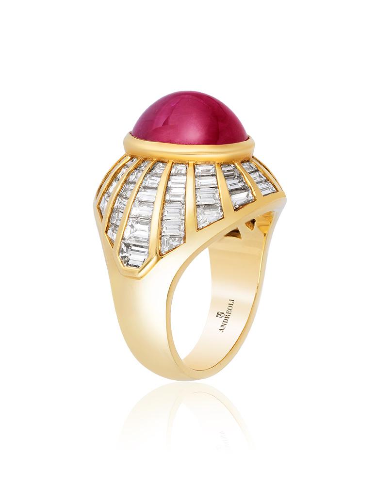 Andreoli CDC Certified Ruby Burma Cabochon Diamond Art Deco Style Cocktail Dome Ring. This ring features a 7.77 carat Ruby Burma origin dome shaped cabochon center stone surrounded with 4.25 carat of F-G-H Color, VS-SI Clarity Step Emerald Baguette