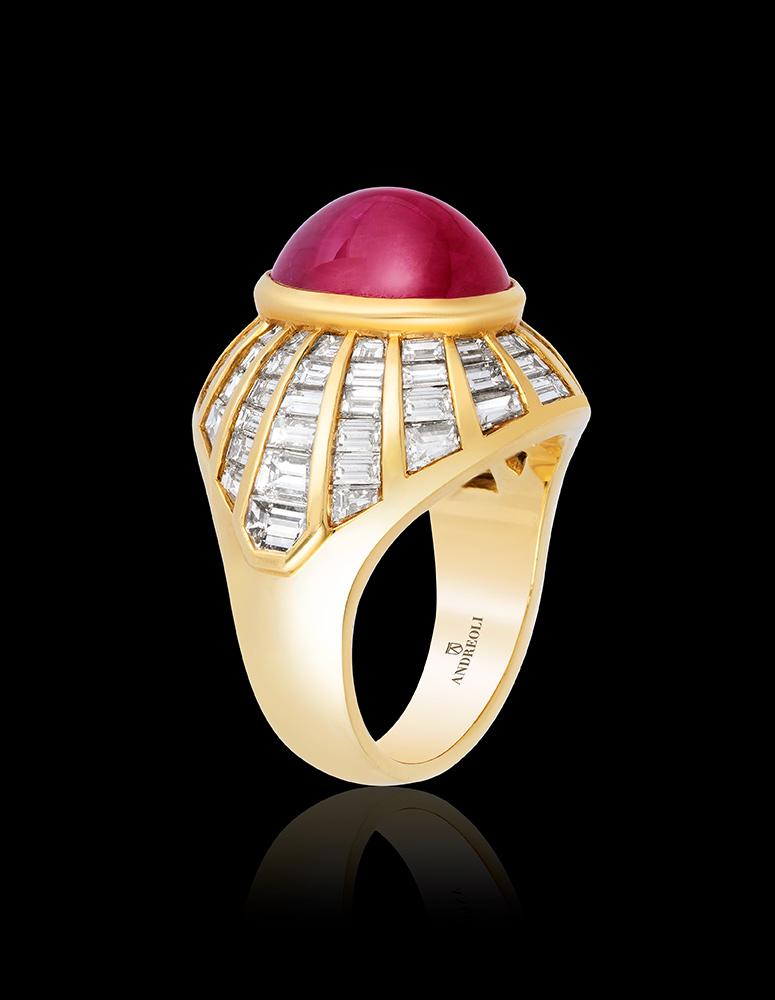 Oval Cut Andreoli CDC Certified Ruby Burma Cabochon Diamond Art Deco Style Dome Ring For Sale
