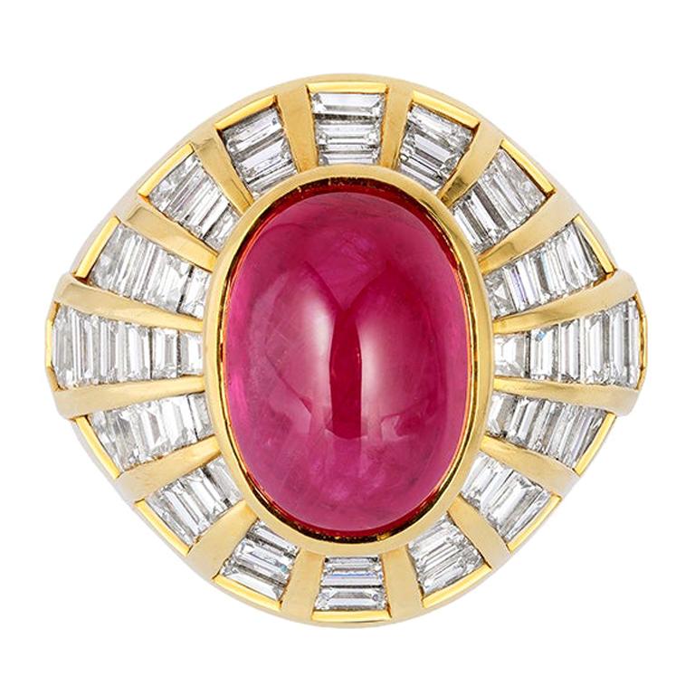 Andreoli Bague dôme de style Art déco en rubis certifié CDC et diamants de Birmanie cabochon