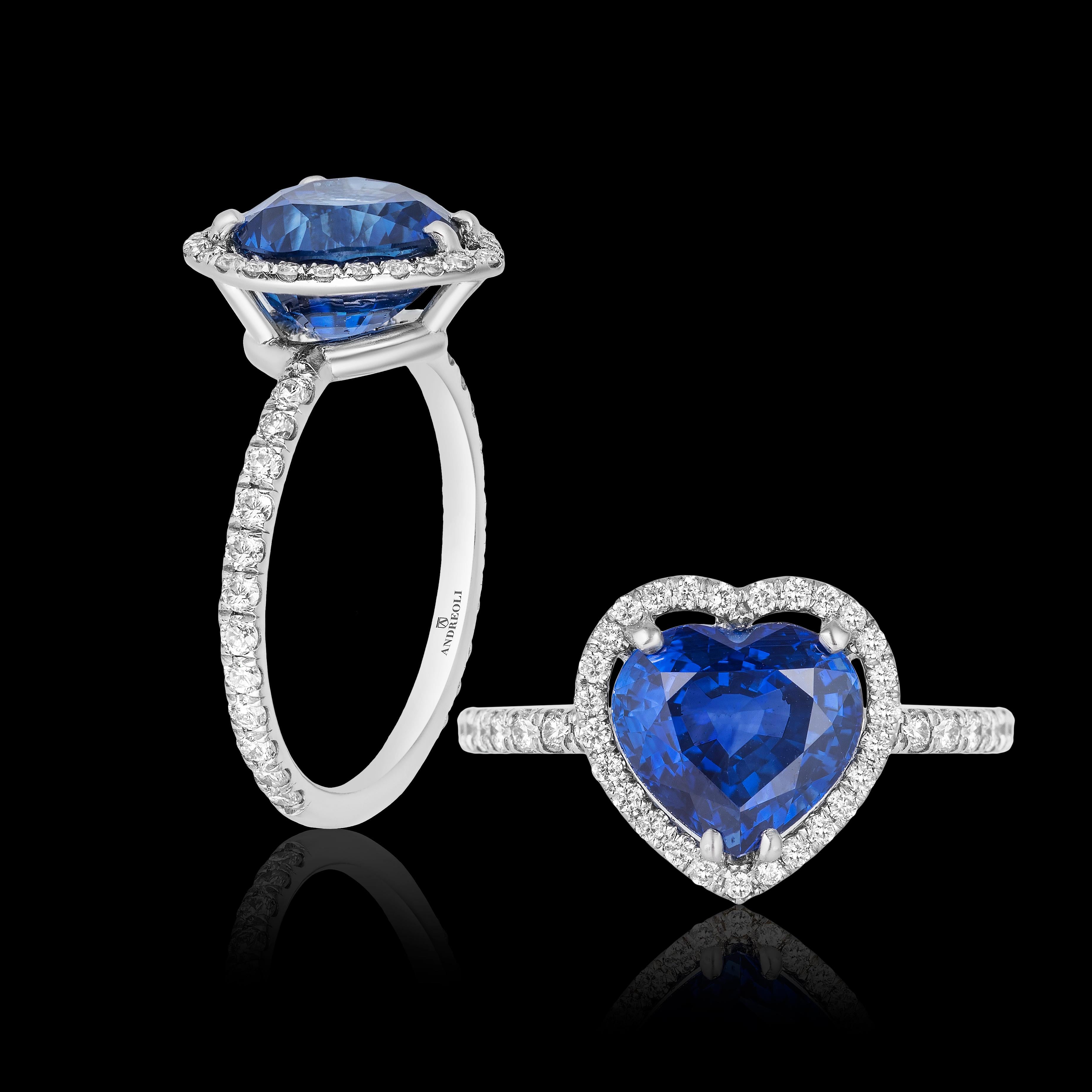 Contemporary Andreoli Certified 3.78 Carat Ceylon Blue Sapphire Diamond Platinum Heart Ring For Sale