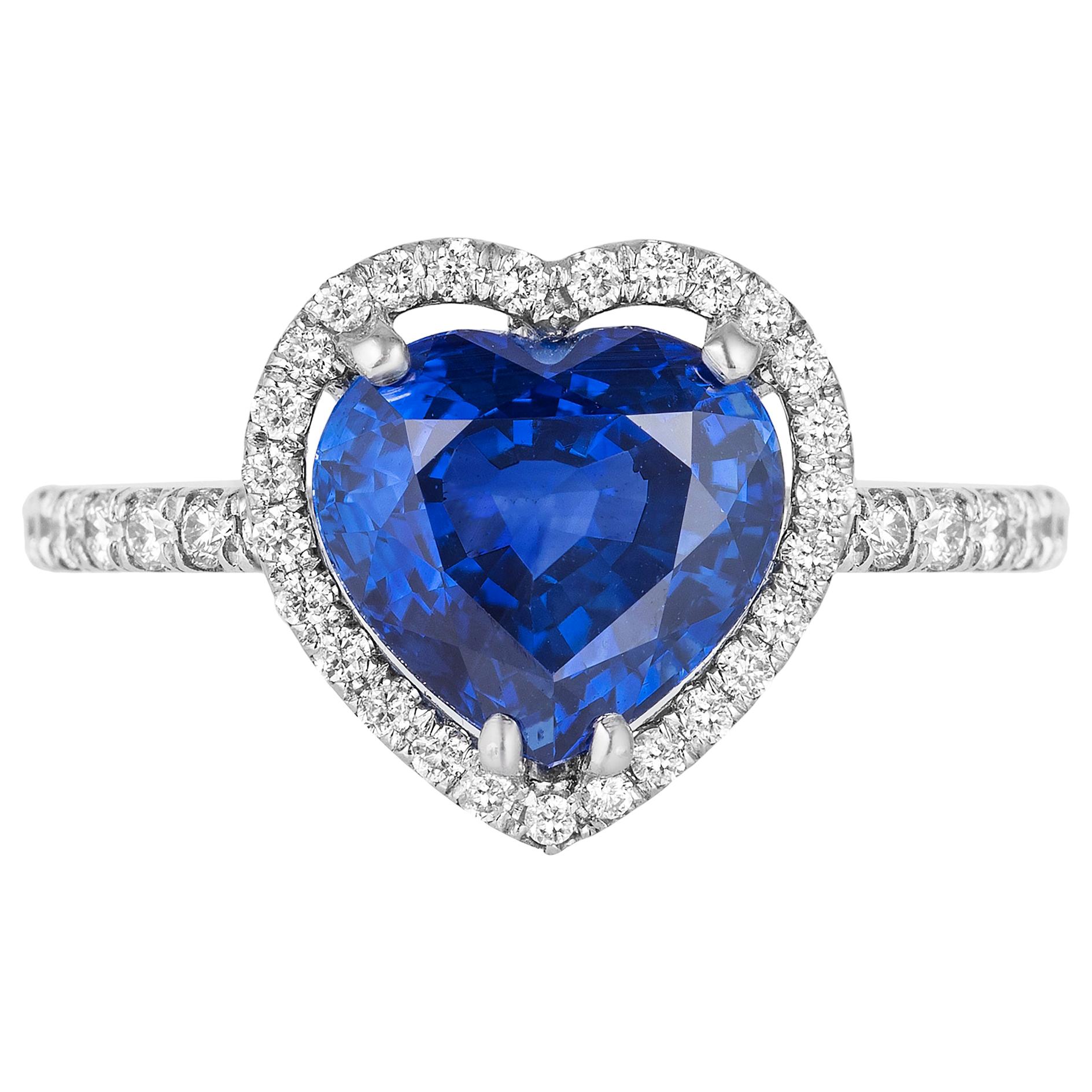 Andreoli Certified 3.78 Carat Ceylon Blue Sapphire Diamond Platinum Heart Ring