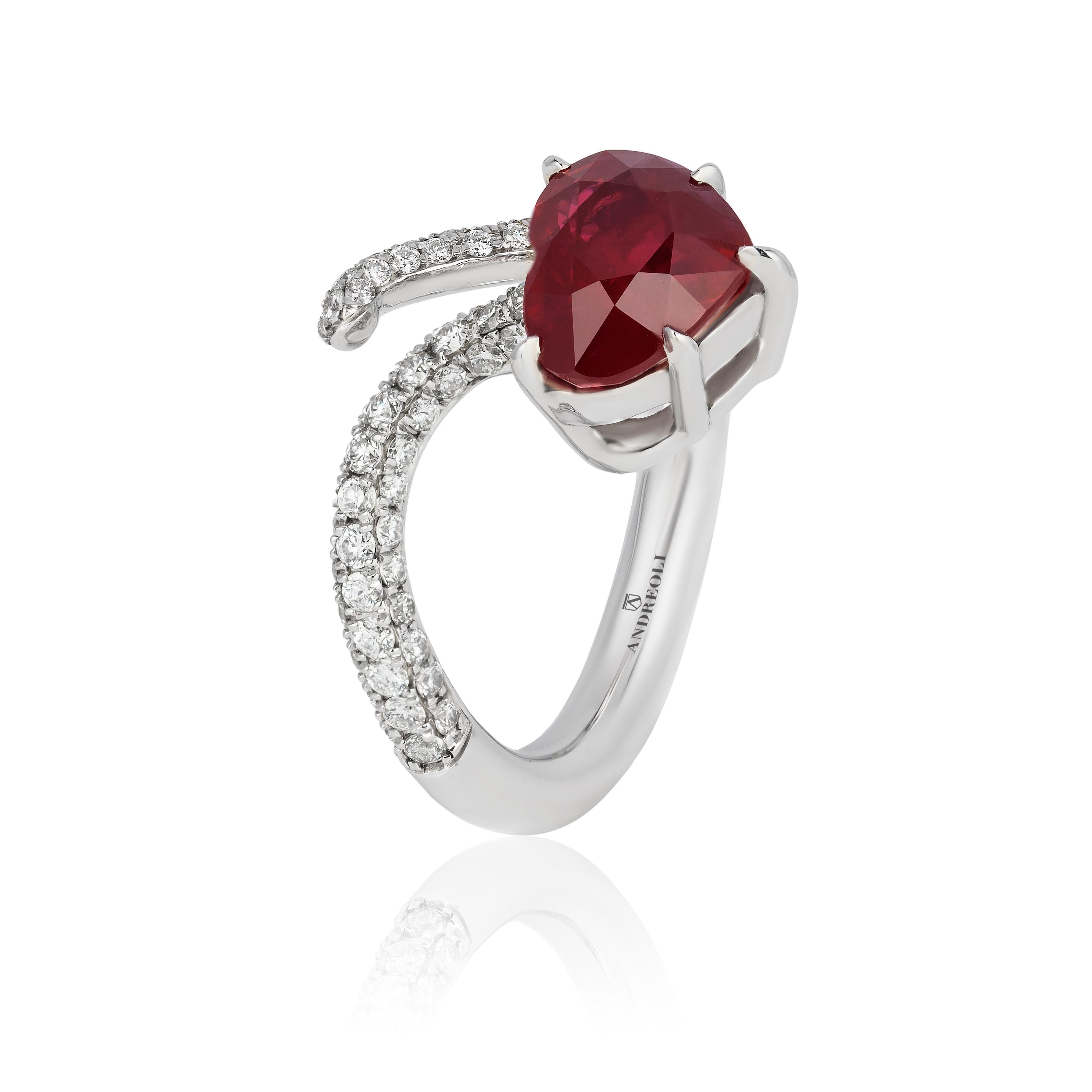 Andreoli Certified 4.02 Carat Burma Ruby Heart Shape Ring Diamond 18 Karat Gold

This ring features:
-  0.85 carats of F-G-H Color, VS-SI Clarity Diamonds
- 4.02 carat Burma Ruby CDC Swiss Lab Report
- 10.73 grams 18 Karat White Gold

