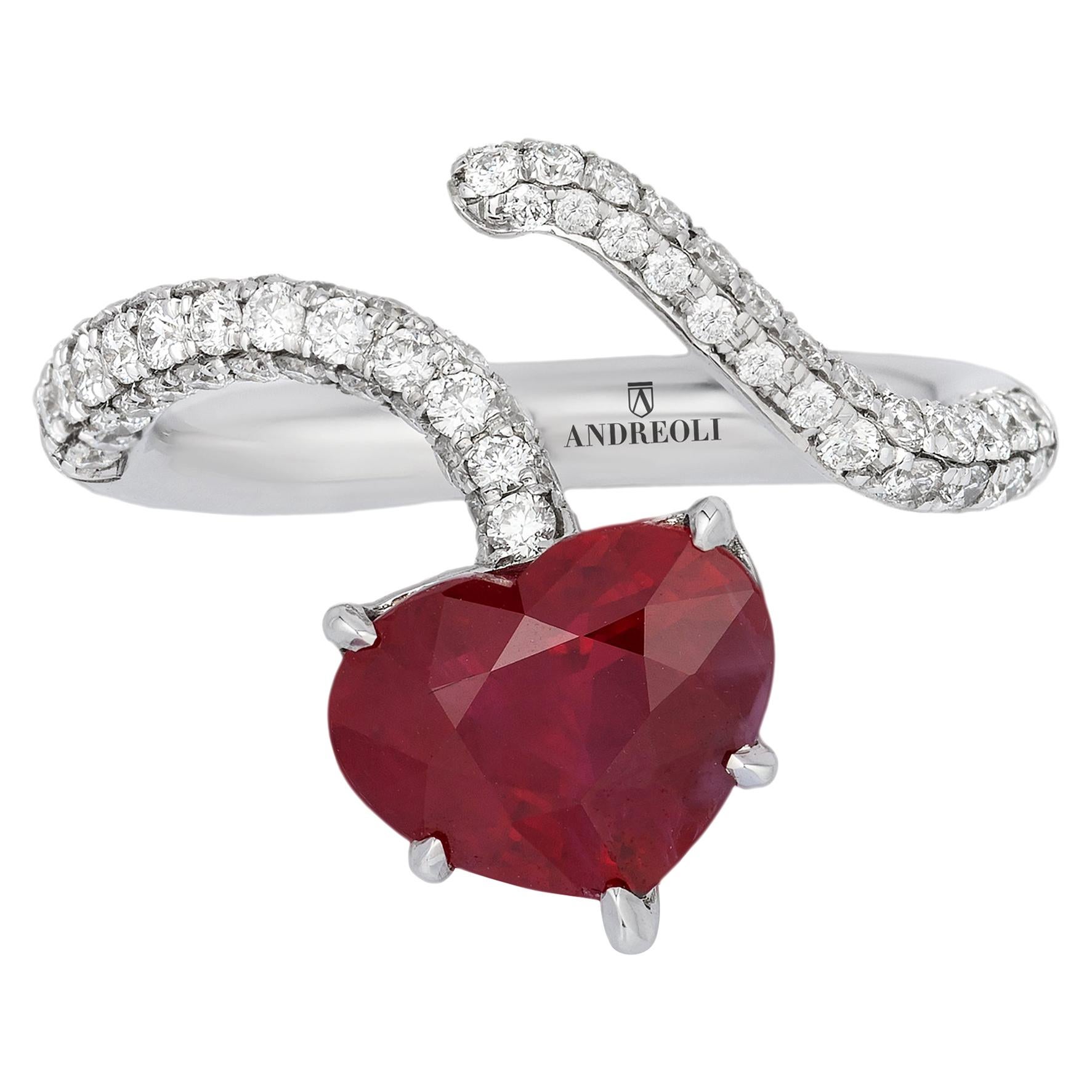Andreoli Bague en or 18 carats avec diamants et rubis de Birmanie certifié de 4,02 carats en forme de cœur