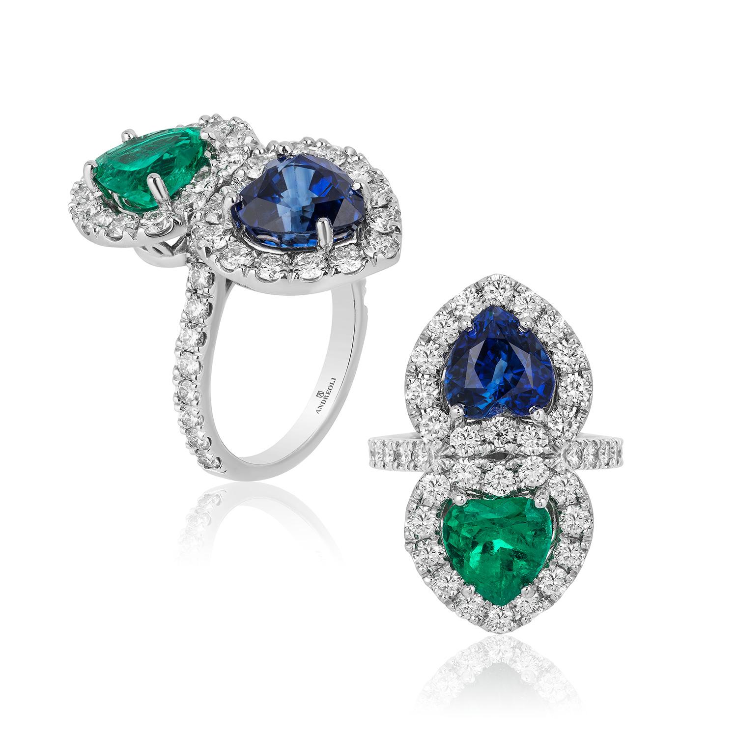 Contemporary Andreoli Certified Emerald Colombian Sapphire Ceylon Heart Diamond Platinum Ring For Sale