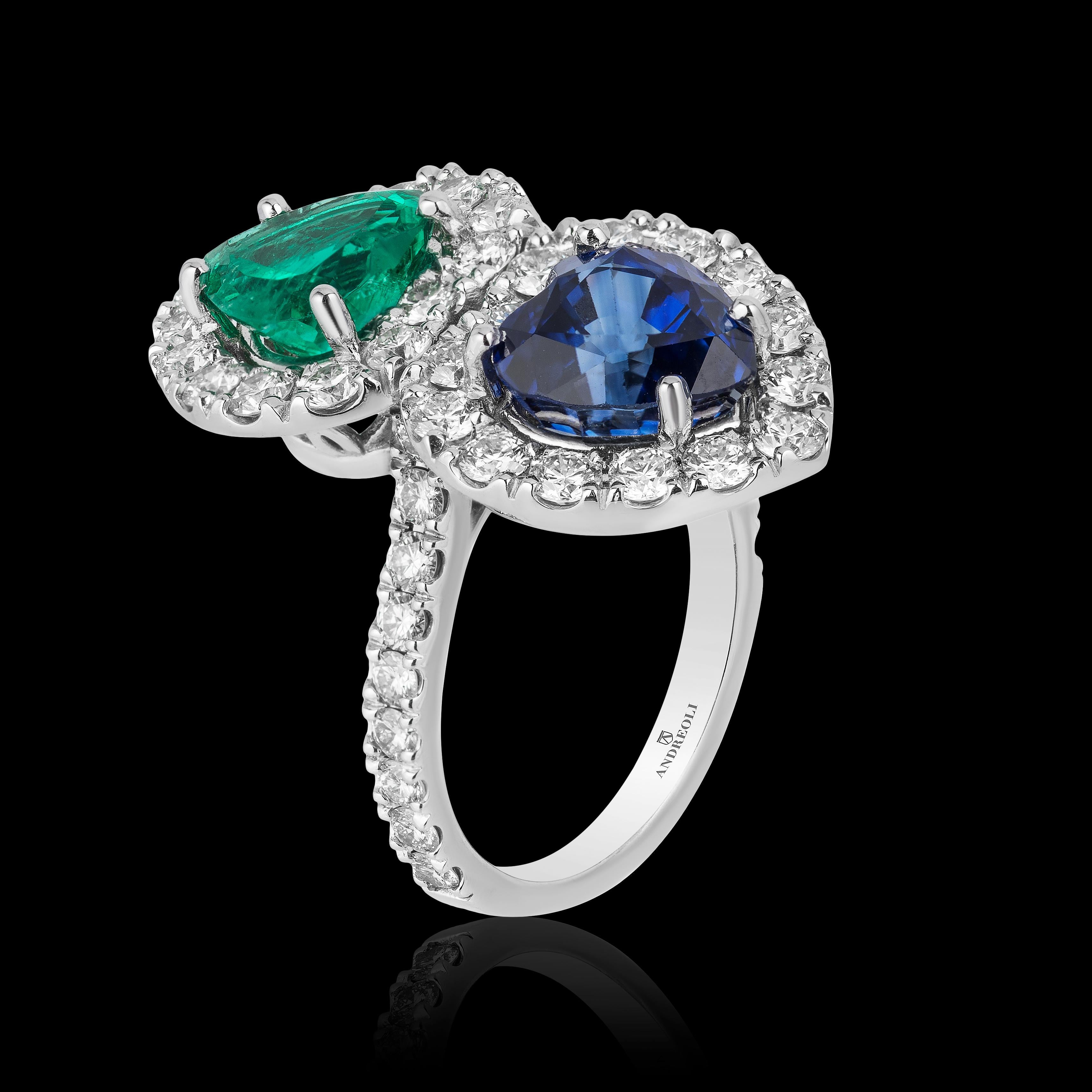 Andreoli Certified Emerald Colombian Sapphire Ceylon Heart Diamond Platinum Ring In New Condition For Sale In New York, NY