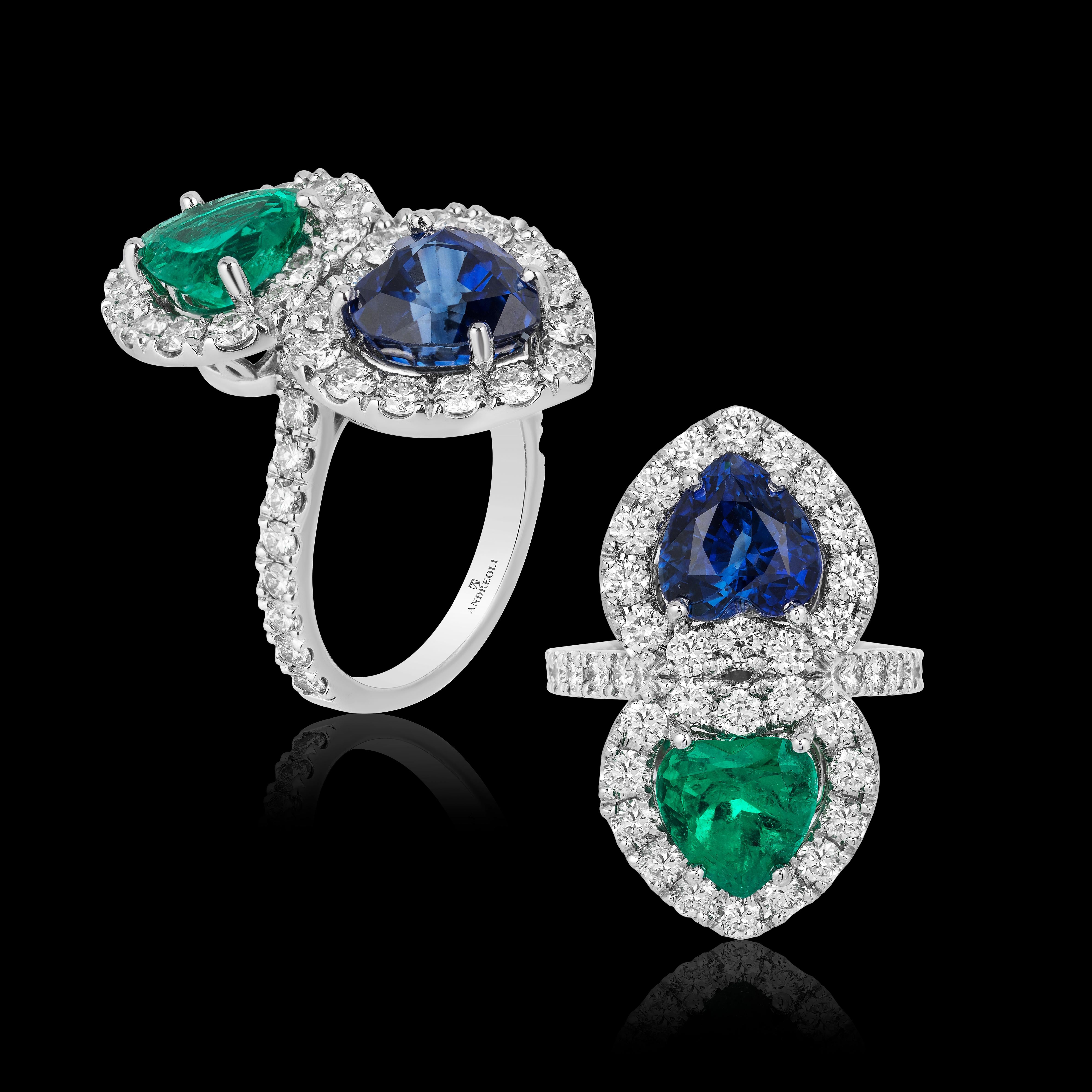 Women's Andreoli Certified Emerald Colombian Sapphire Ceylon Heart Diamond Platinum Ring For Sale