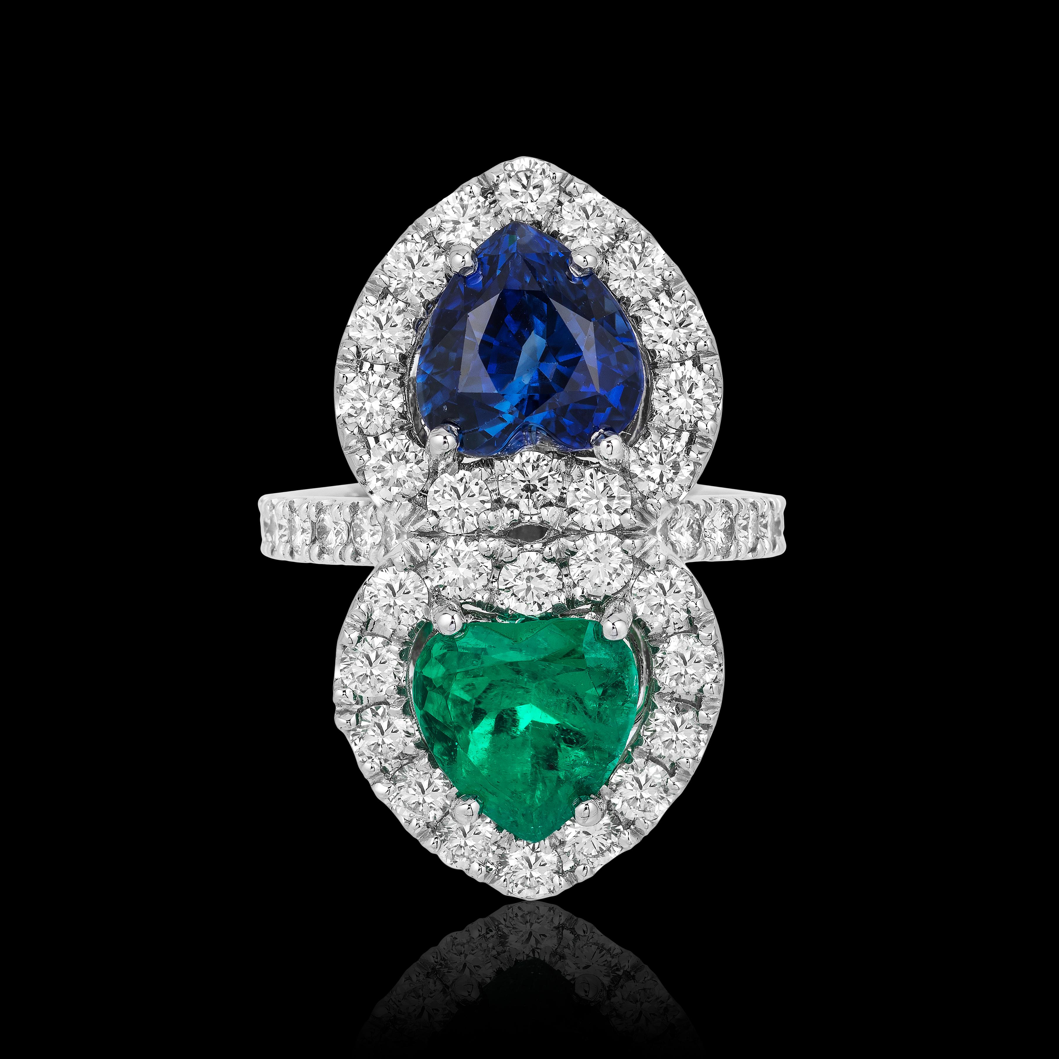 Heart Cut Andreoli Certified Emerald Colombian Sapphire Ceylon Heart Diamond Platinum Ring For Sale