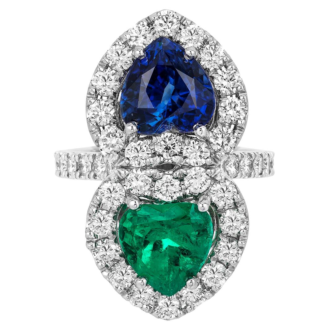 Andreoli Certified Emerald Colombian Sapphire Ceylon Heart Diamond Platinum Ring For Sale
