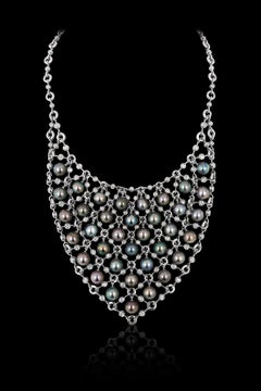 Andreoli Chainmail Bib Tahitian Pearl Diamond Necklace 18 Karat White Gold