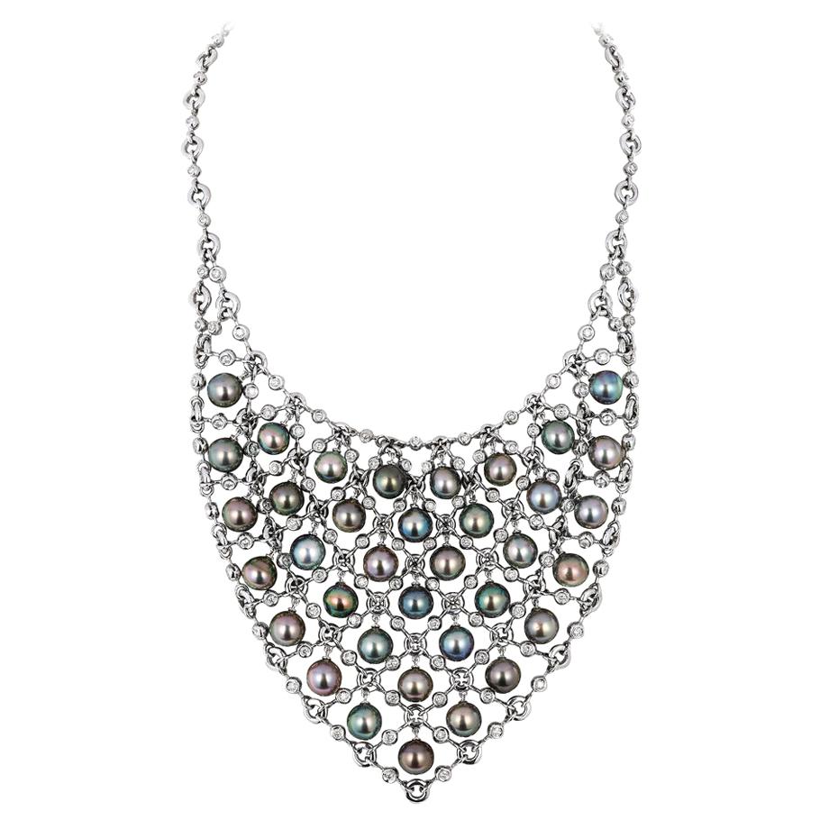 Andreoli Chainmail Bib Tahitian Pearl Diamond Necklace 18 Karat White Gold