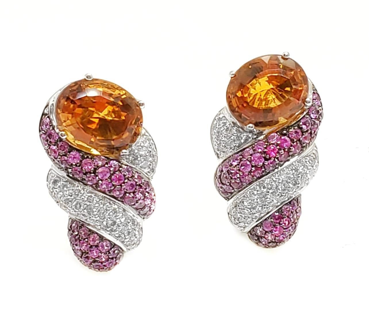 Mixed Cut Andreoli Citrine Pink Sapphire Diamond 18 Karat White Gold Earrings For Sale