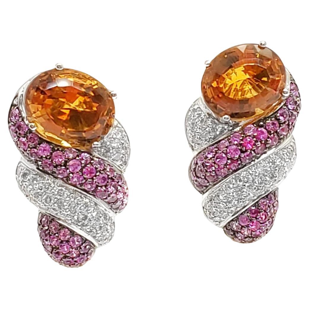 Andreoli Citrine Pink Sapphire Diamond 18 Karat White Gold Earrings For Sale