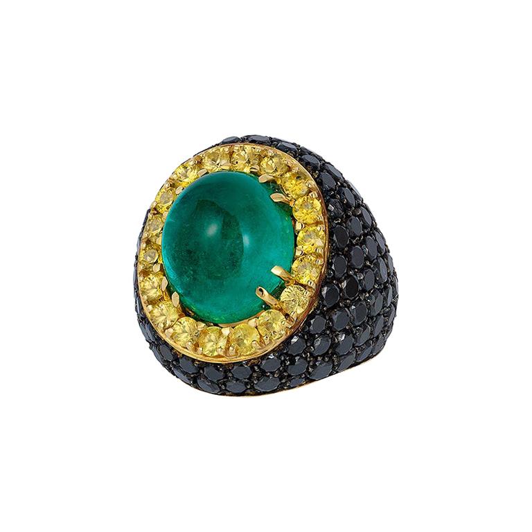 Andreoli Colombian Cabochon Emerald Black Diamond Yellow Sapphire Cocktail Ring
