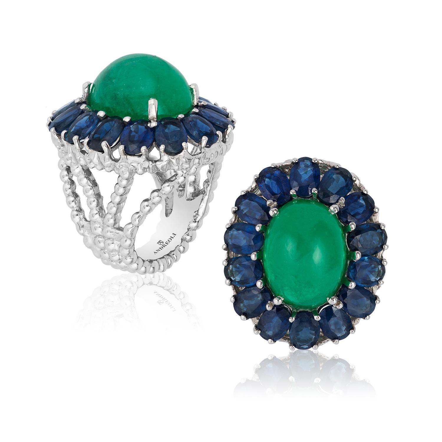 Contemporain Andreoli Colombian Cabochon Emerald Blue Sapphire Cocktail Dome Ring en vente
