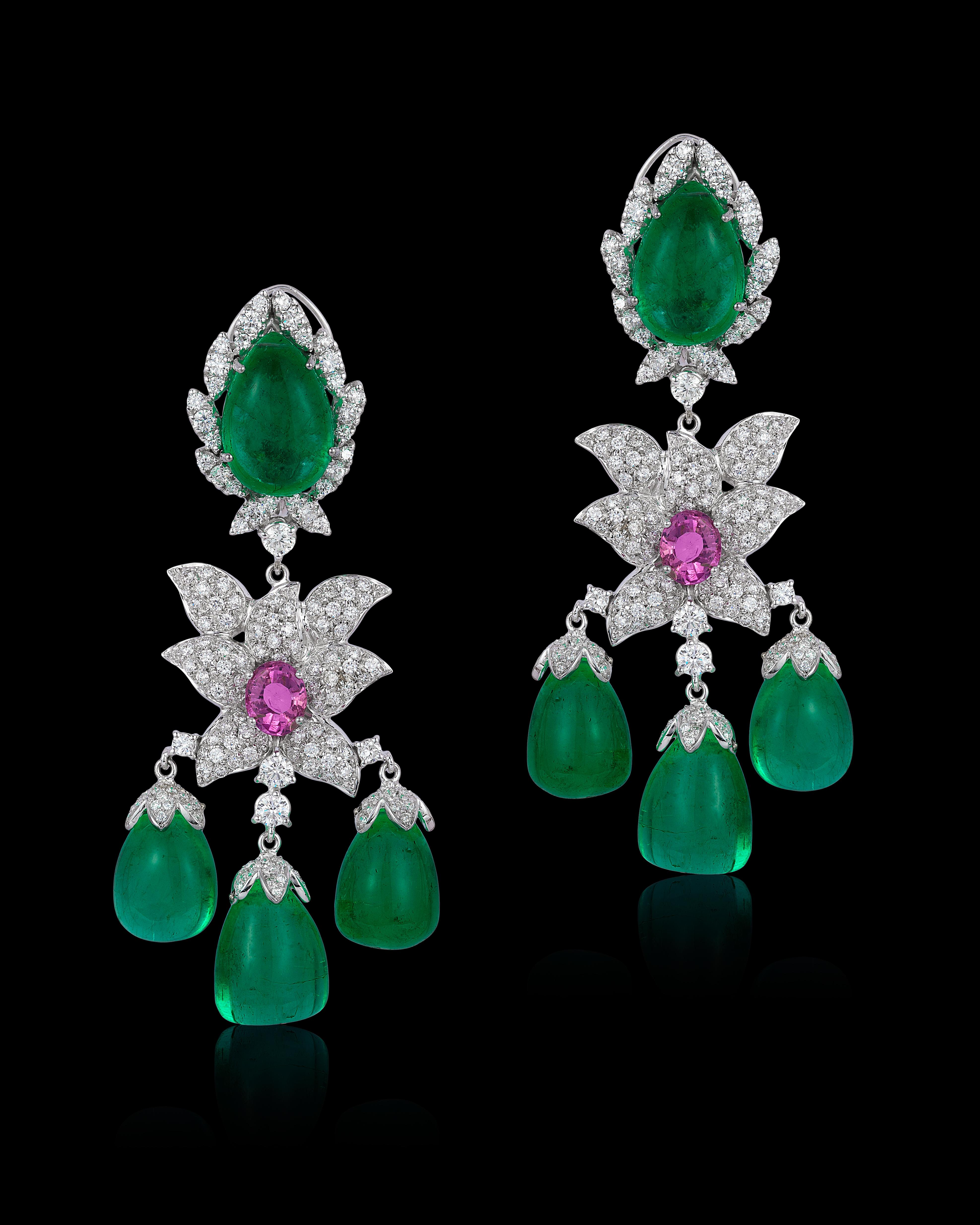 Cabochon Andreoli Colombian Emerald Drop Pink Sapphire Diamond Chandelier Earrings 18K