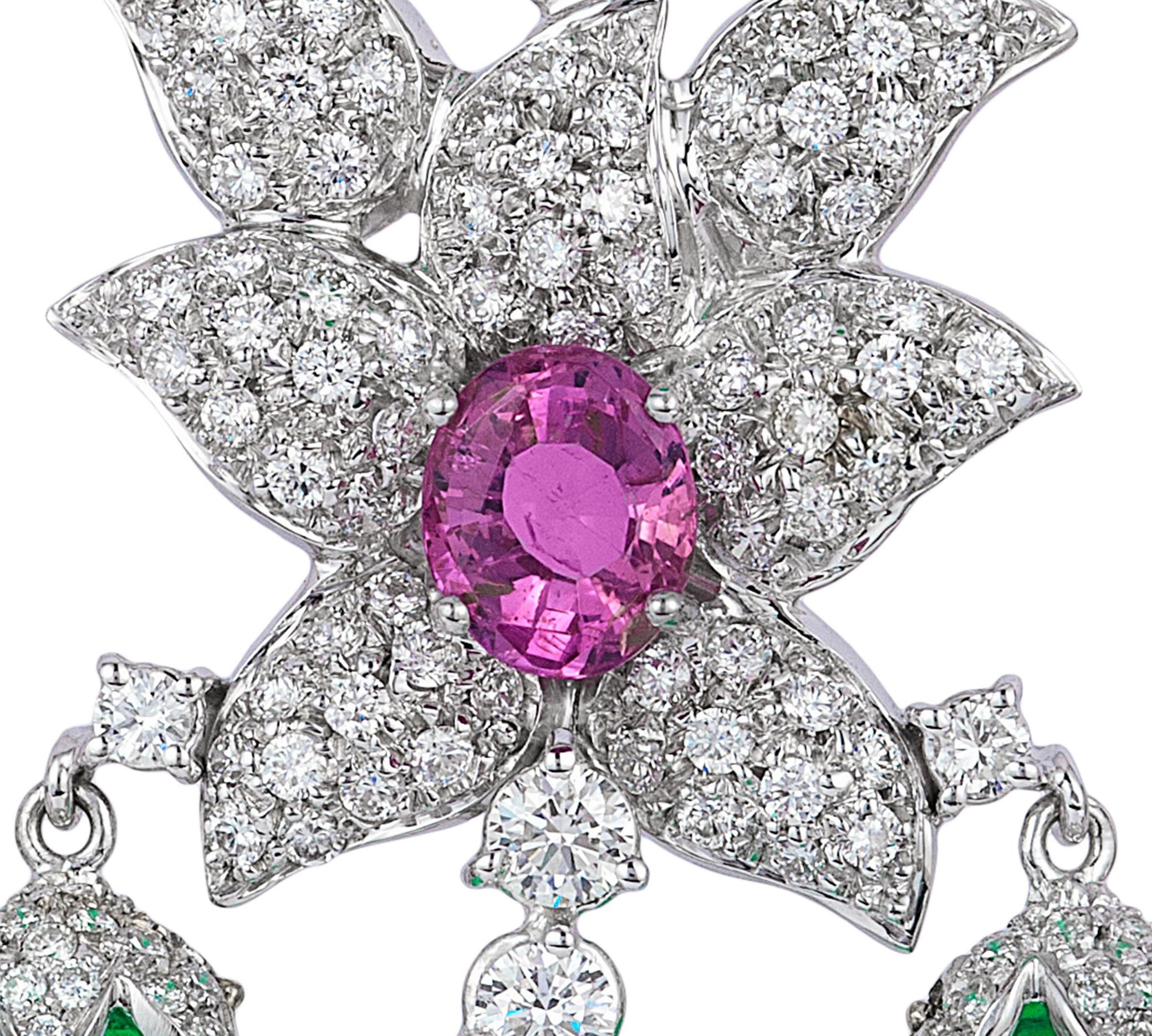 Andreoli Colombian Emerald Drop Pink Sapphire Diamond Chandelier Earrings 18K In New Condition In New York, NY
