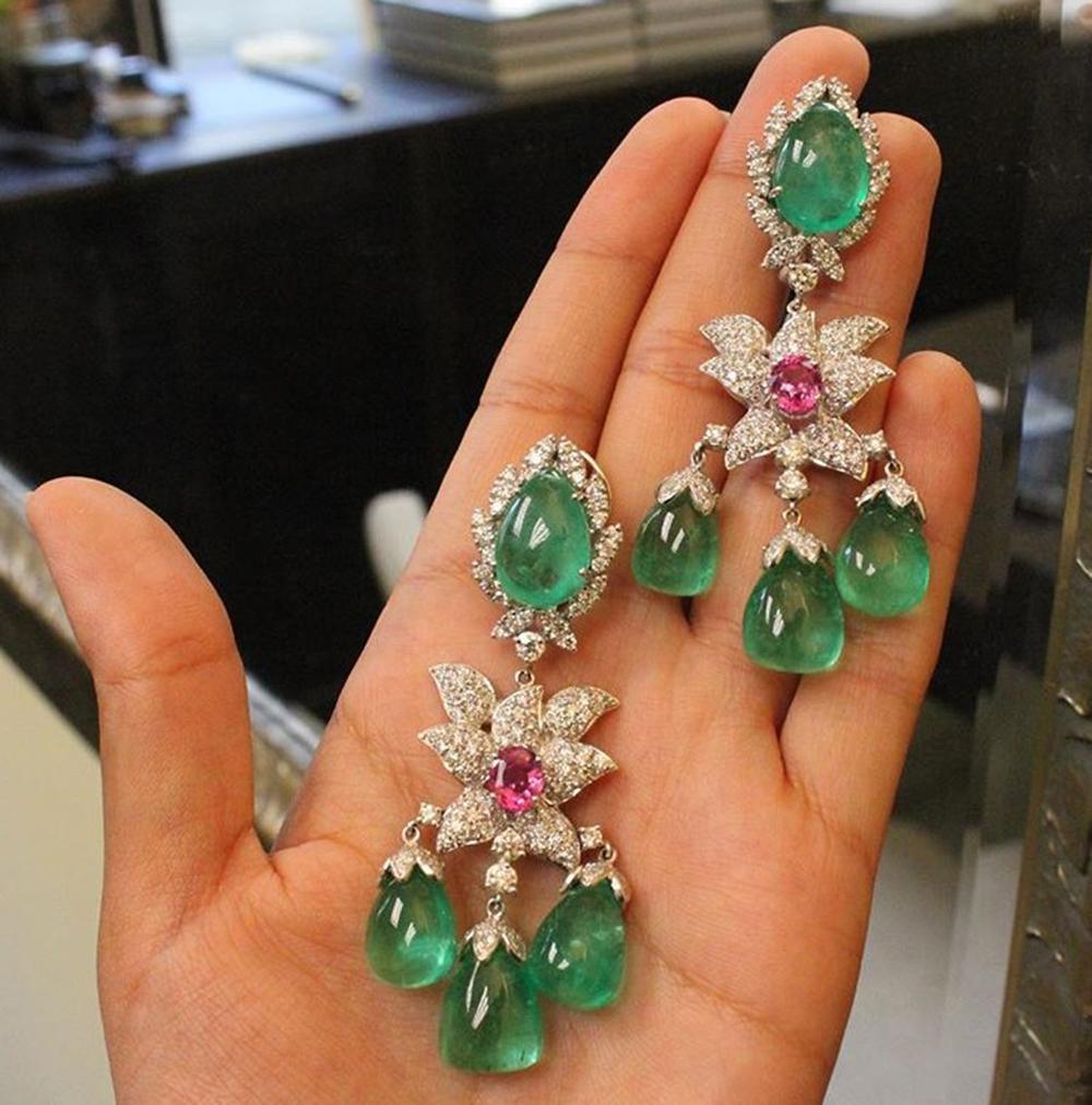 Women's Andreoli Colombian Emerald Drop Pink Sapphire Diamond Chandelier Earrings 18K