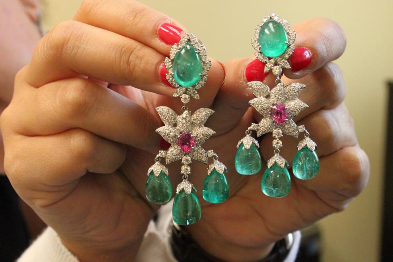 Andreoli Colombian Emerald Drop Pink Sapphire Diamond Chandelier Earrings 18K 1