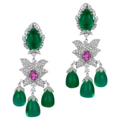 Andreoli Colombian Emerald Drop Pink Sapphire Diamond Chandelier Earrings 18K Andreoli Colombian Emerald Drop Pink Sapphire Diamond Chandelier Earrings 18K