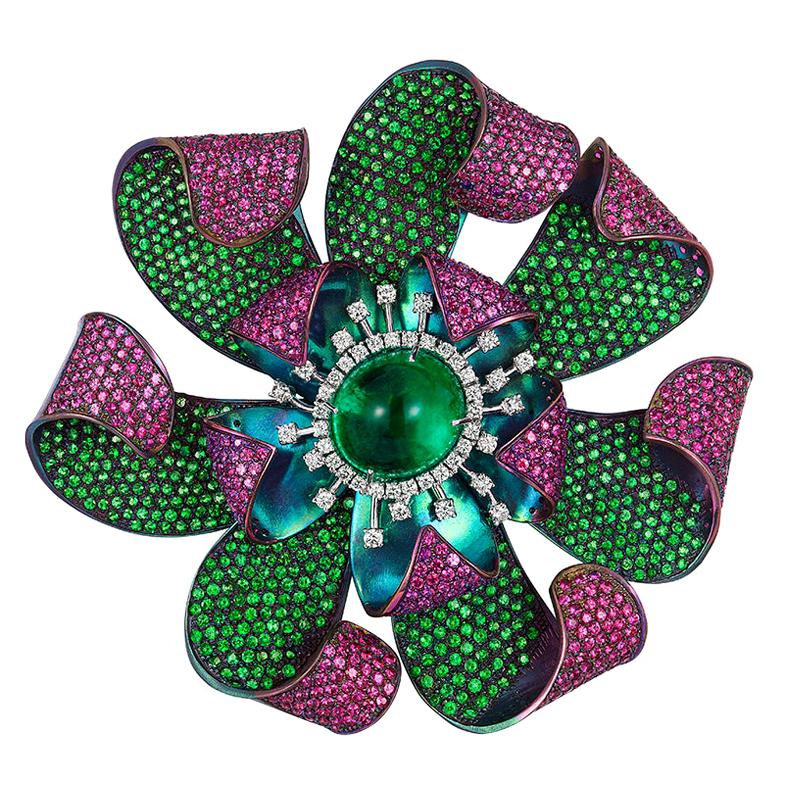 Andreoli Colombian Emerald Pink Sapphire Tsavorite Flower Brooch Titanium Pin