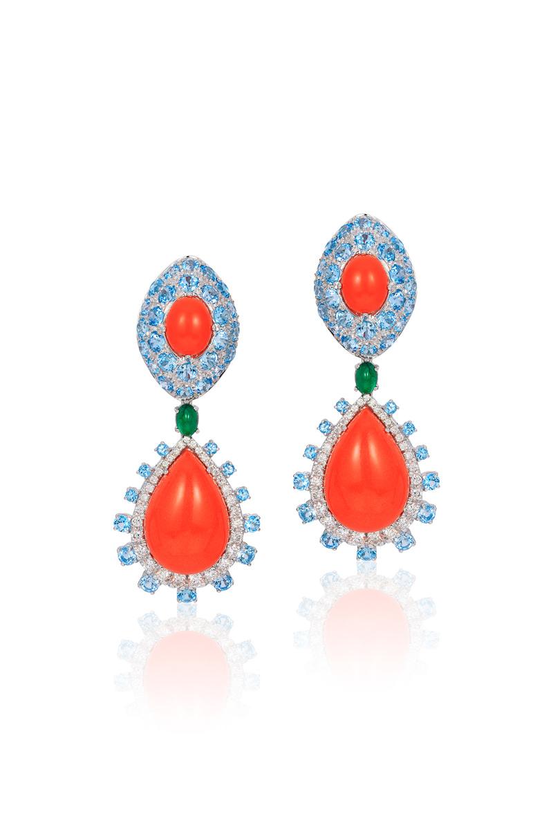 Andreoli Coral Blue Topaz Emerald Diamond Drop Earrings 18 Karat White Gold

These Andreoli earrings feature:

1.73 carat Diamond (F-G-H Color, VS-SI Clarity)
0.93 carat Emerald Cabochon
13.44 carat Blue Topaz
6.06 grams Reconstituted Coral
Set in