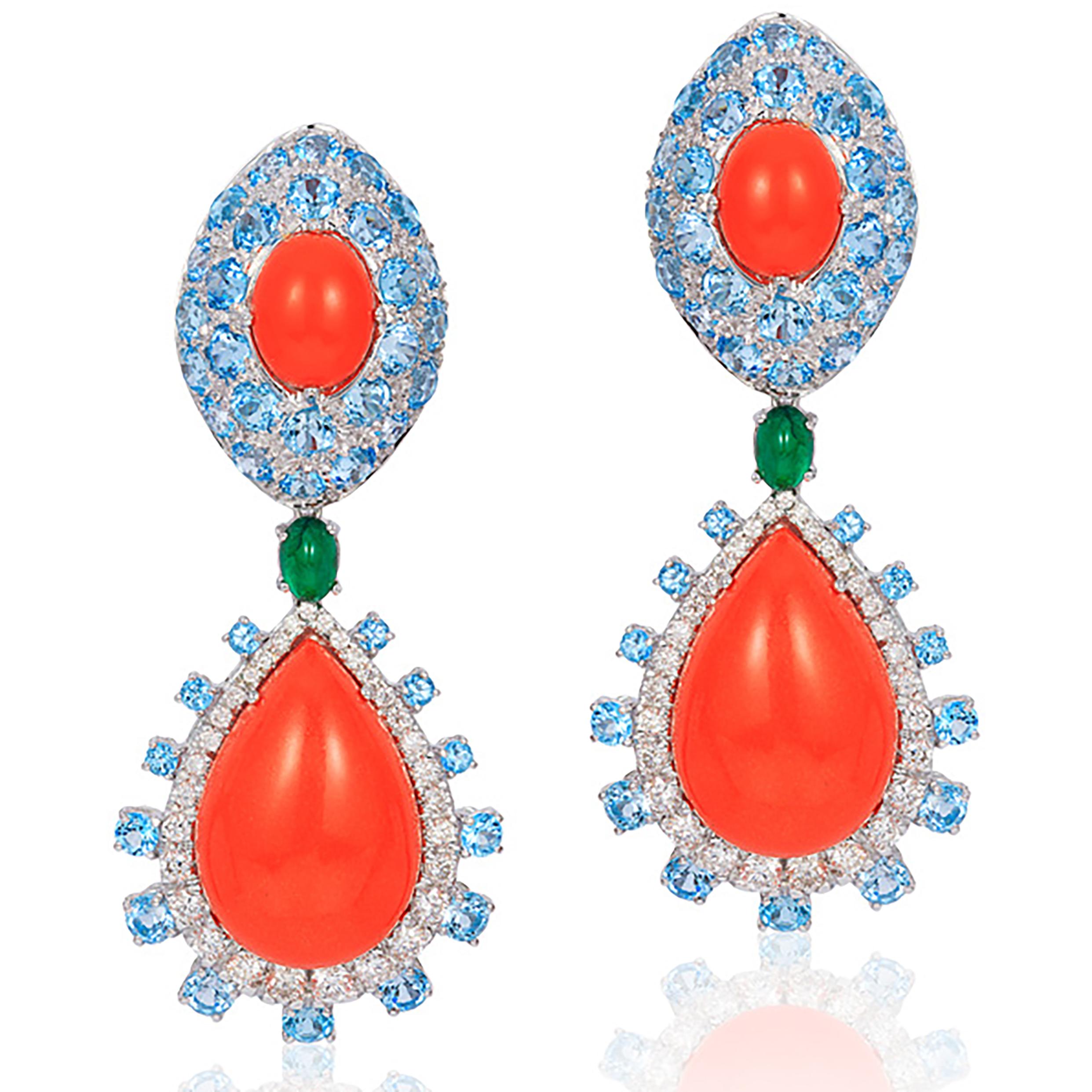 Contemporary Andreoli Coral Blue Topaz Emerald Diamond Drop Earrings 18 Karat White Gold