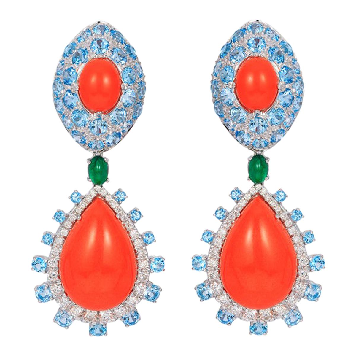 Andreoli Coral Blue Topaz Emerald Diamond Drop Earrings 18 Karat White Gold