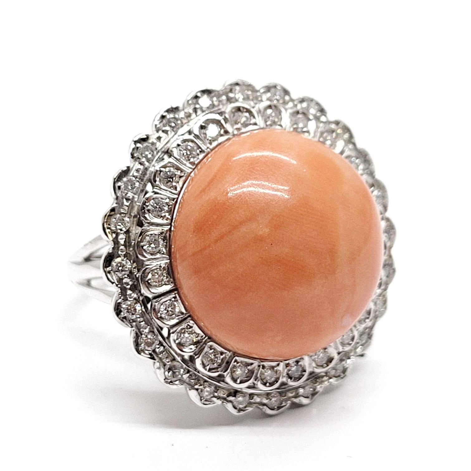 Cabochon Andreoli Coral Diamond 18 Karat White Gold Ring For Sale