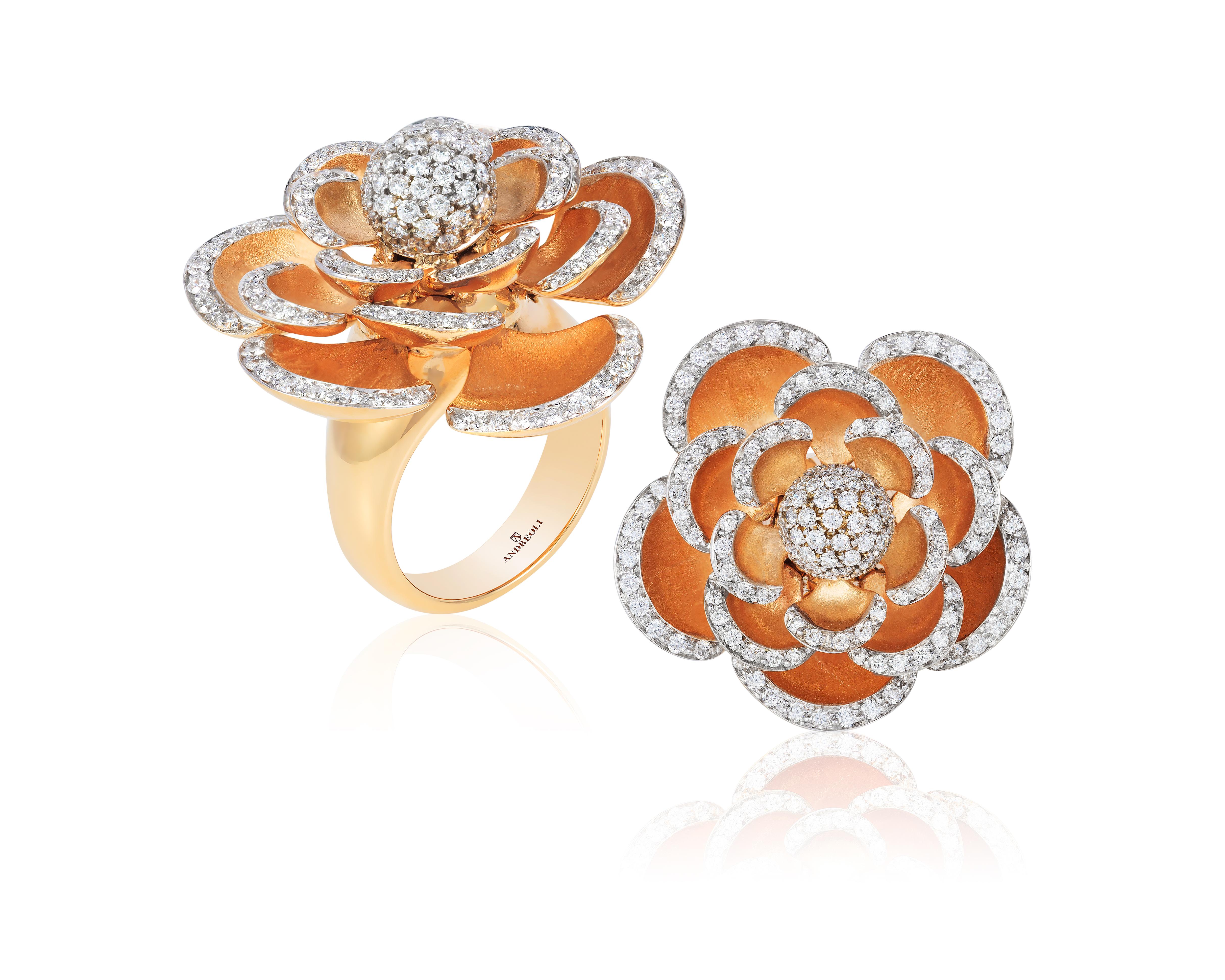 Andreoli Diamond 18 Karat Rose Gold Flower Cocktail Ring with Movable Petals. This ring features 1.60 carats of F-G-H Color VS-SI Clarity round brilliant diamonds set in 29.10gm 18 Karat Rose Gold. Handcrafted and designed by Andreoli in Valenza