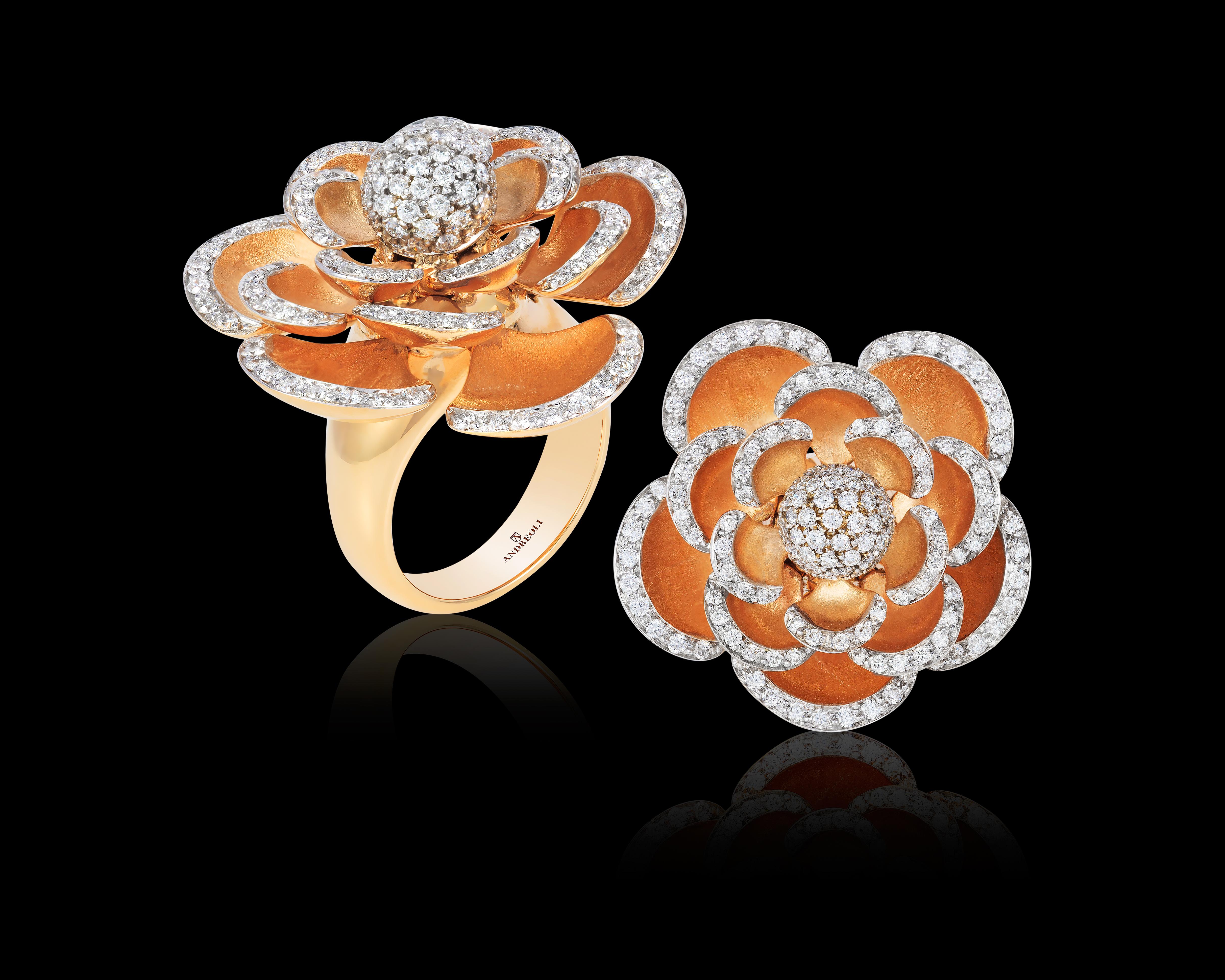 Round Cut Andreoli Diamond 18 Karat Rose Gold Flower Cocktail Ring with Movable Petals For Sale