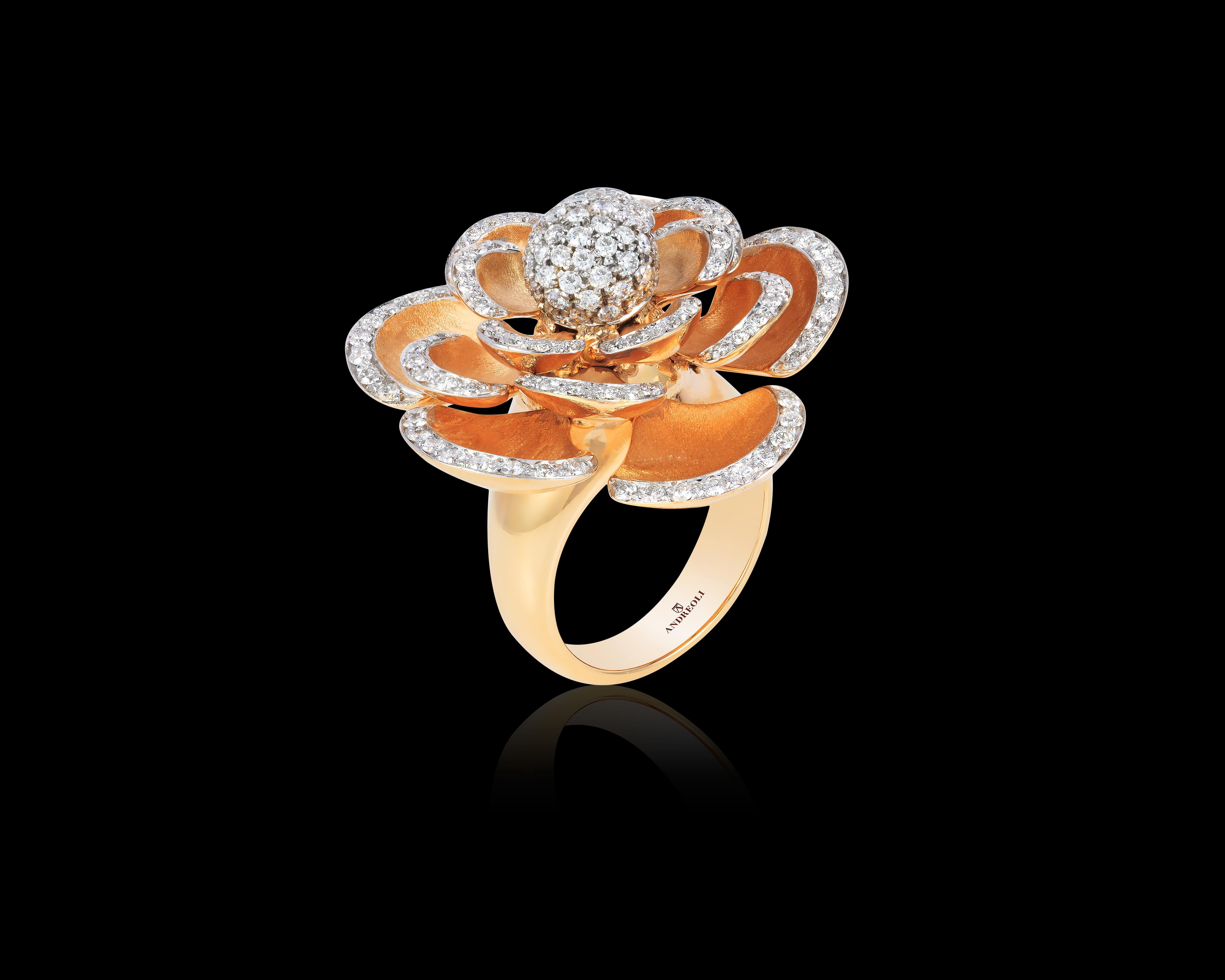 Andreoli Diamond 18 Karat Rose Gold Flower Cocktail Ring with Movable Petals In New Condition For Sale In New York, NY