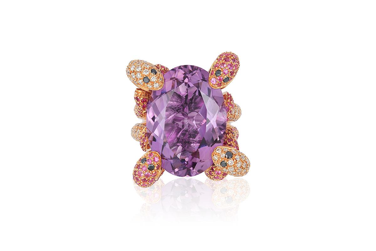 Contemporary Andreoli Diamond Amethyst Pink Sapphire 18 Karat Rose Gold Ring For Sale