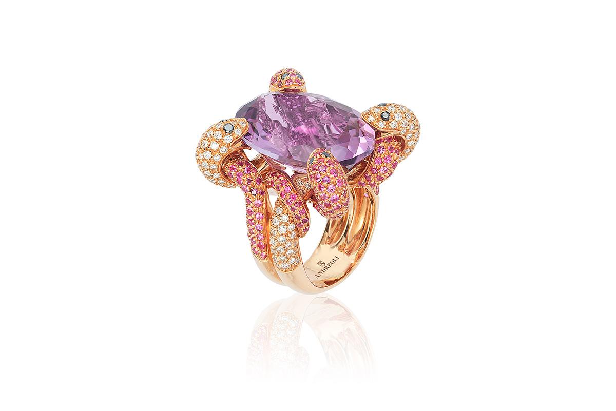 Mixed Cut Andreoli Diamond Amethyst Pink Sapphire 18 Karat Rose Gold Ring For Sale