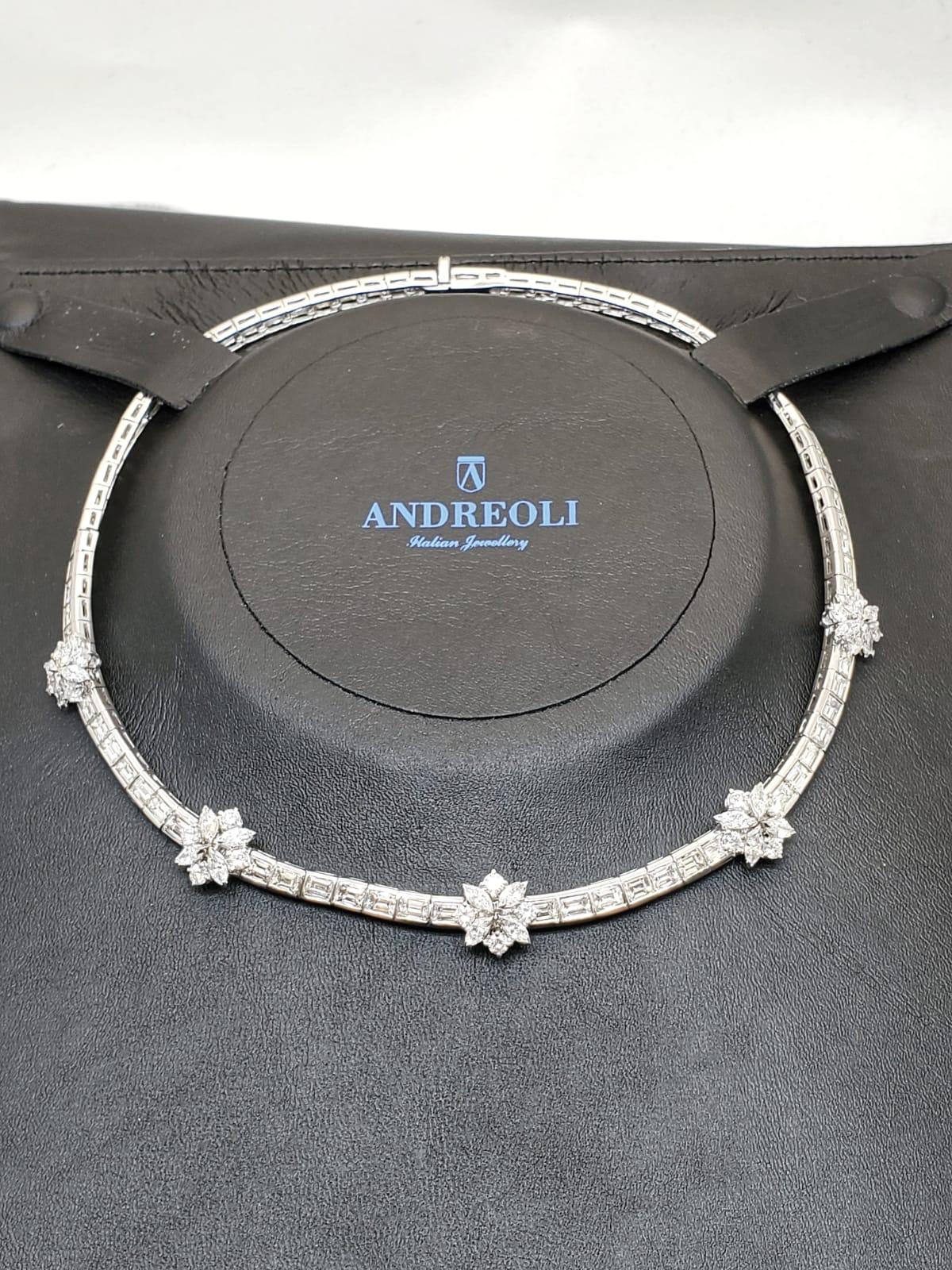 Baguette Cut Andreoli Diamond Baguette Marquise Brilliant Flower Line Necklace 18 Karat Gold For Sale
