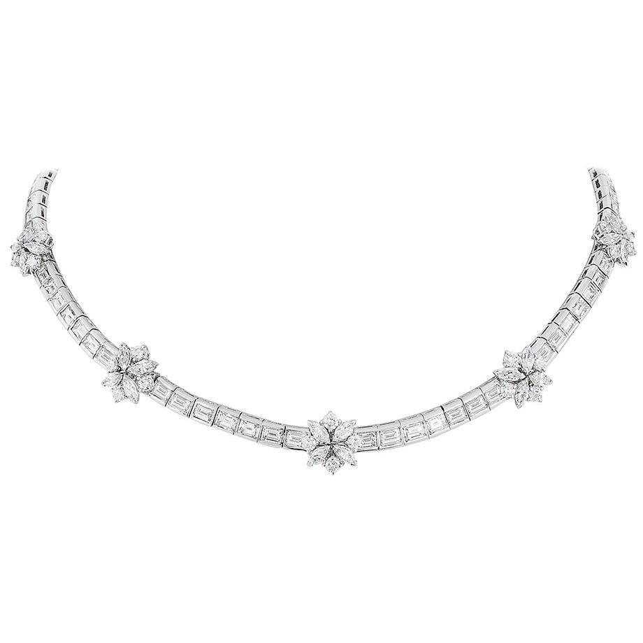 Andreoli Diamond Baguette Marquise Brilliant Flower Line Necklace 18 Karat Gold For Sale