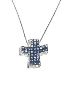 Andreoli Diamond Blue Sapphire 18 Karat Gold Cross Pendant Necklace