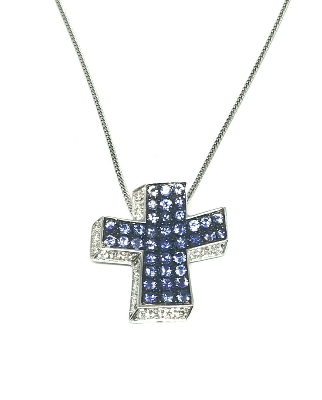 Round Cut Andreoli Diamond Blue Sapphire 18 Karat Gold Cross Pendant Necklace For Sale
