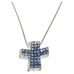 Andreoli Diamond Blue Sapphire 18 Karat Gold Cross Pendant Necklace