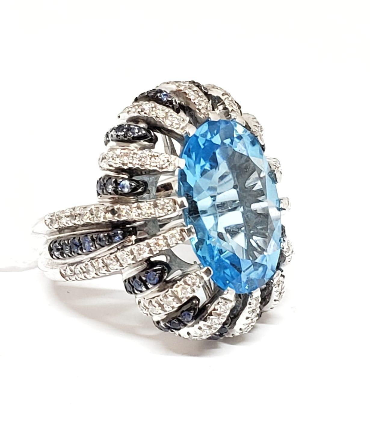 Contemporary Andreoli Diamond Blue Topaz Blue Sapphire 18 Karat White Gold Ring For Sale
