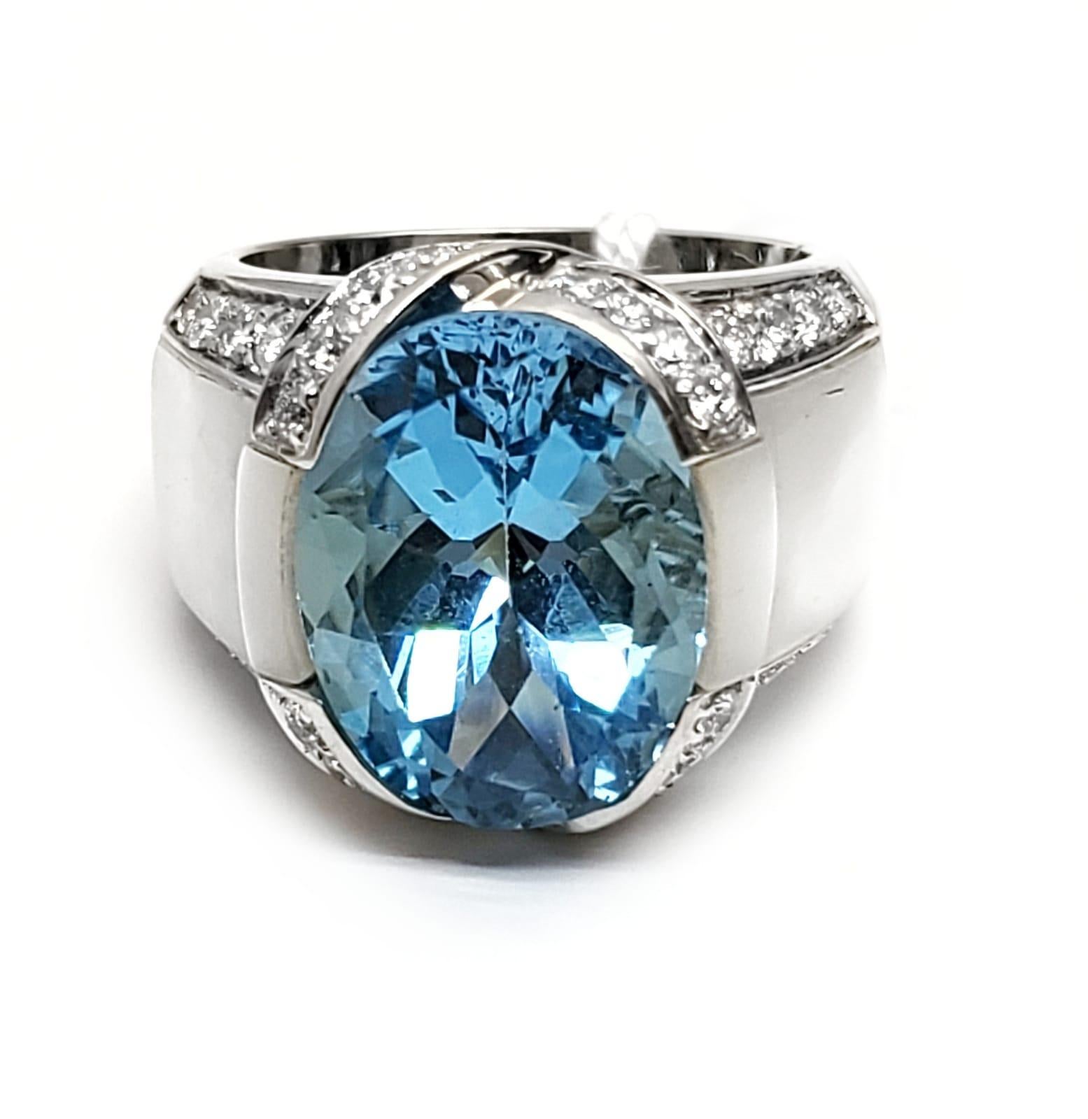 Mixed Cut Andreoli Diamond Blue Topaz Mother of Pearl 18 Karat White Gold Ring For Sale