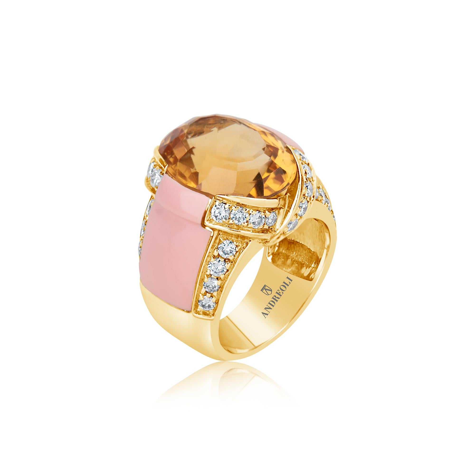Contemporary Andreoli Diamond Citrine Coral 18 Karat Yellow Gold Ring For Sale